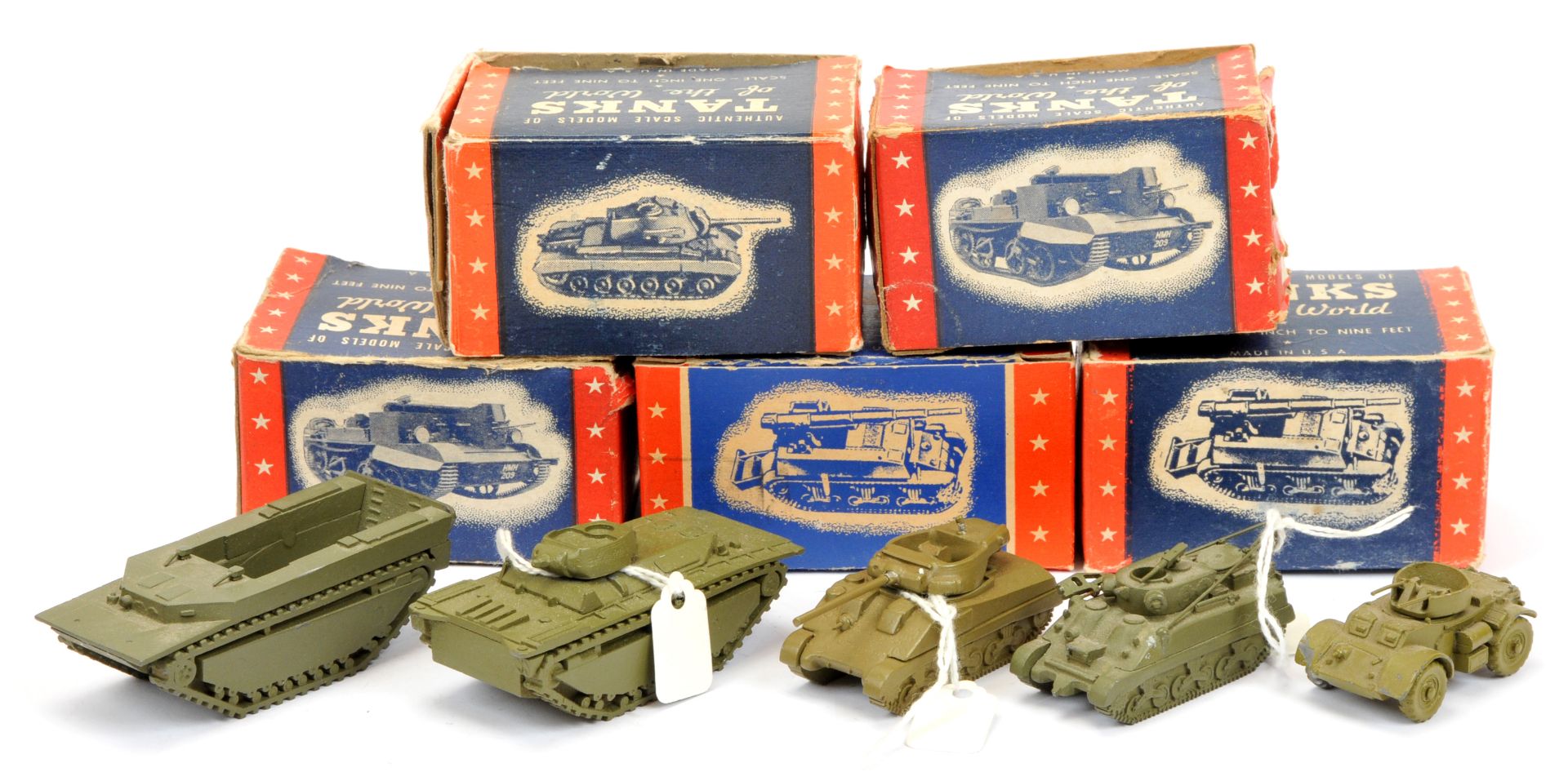 Authenticast diecast Military vehicles. group of 5 - (1)Us medium tank (2) , Us armoured car