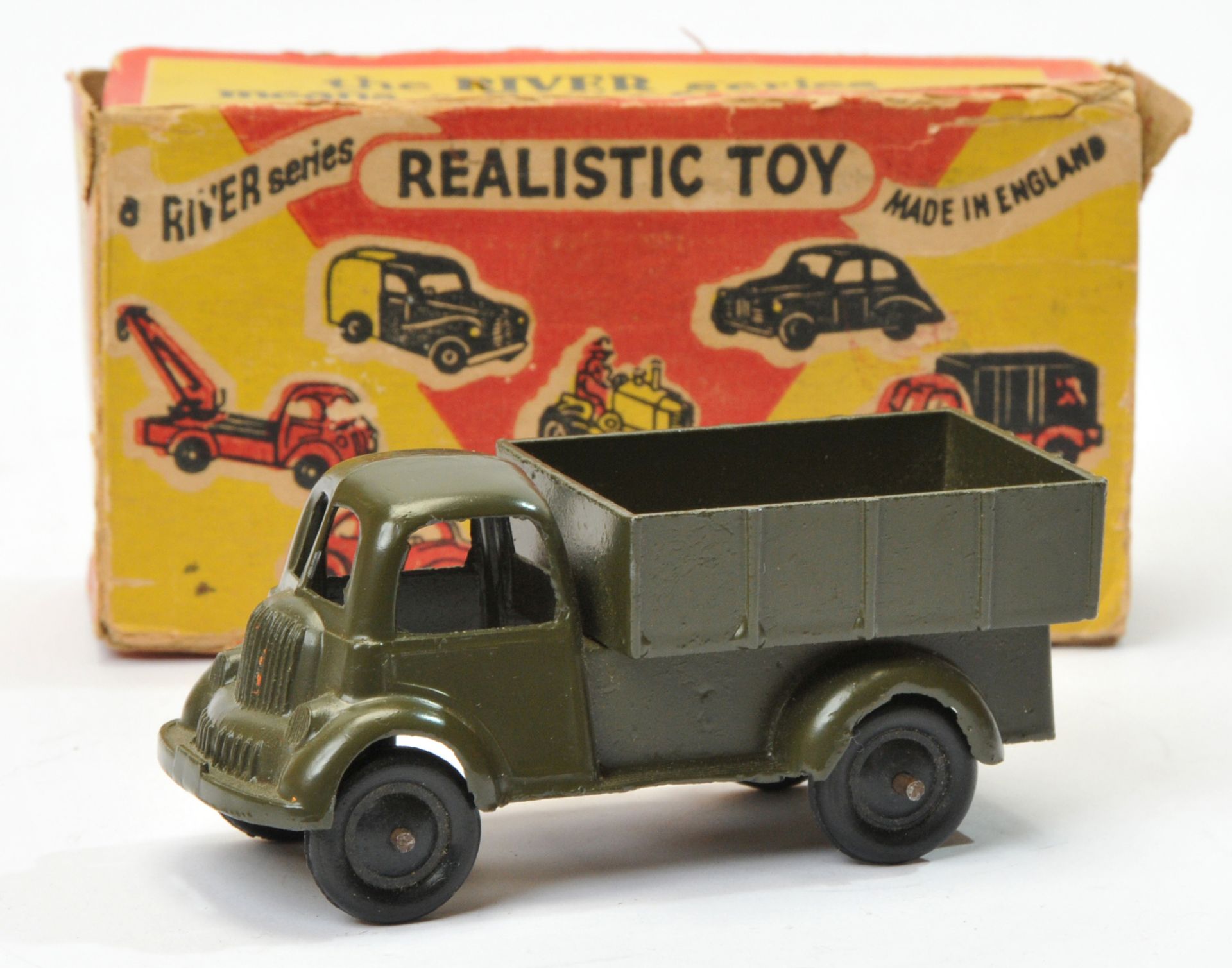 River Series Military open back lorry  - dark military olive green, black wheels with rear decal 