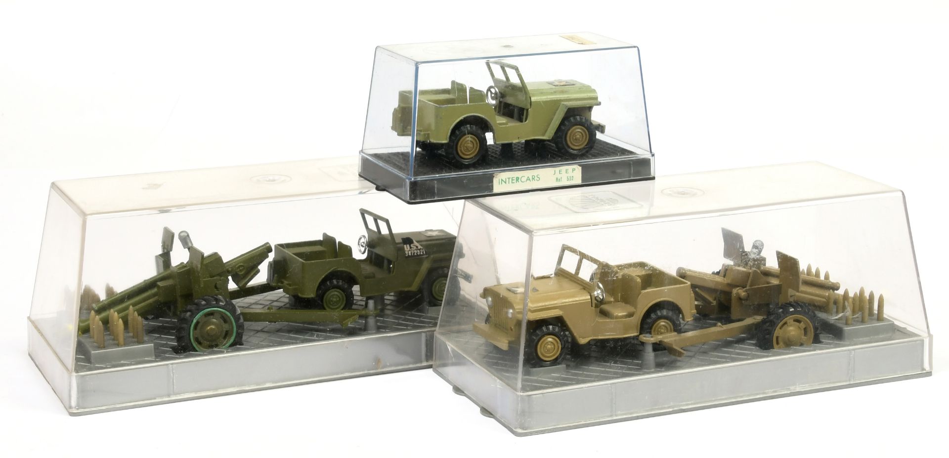 Nacoral (Spain) Military a group of 3 - (1) jeep with field gun and shells - green.
