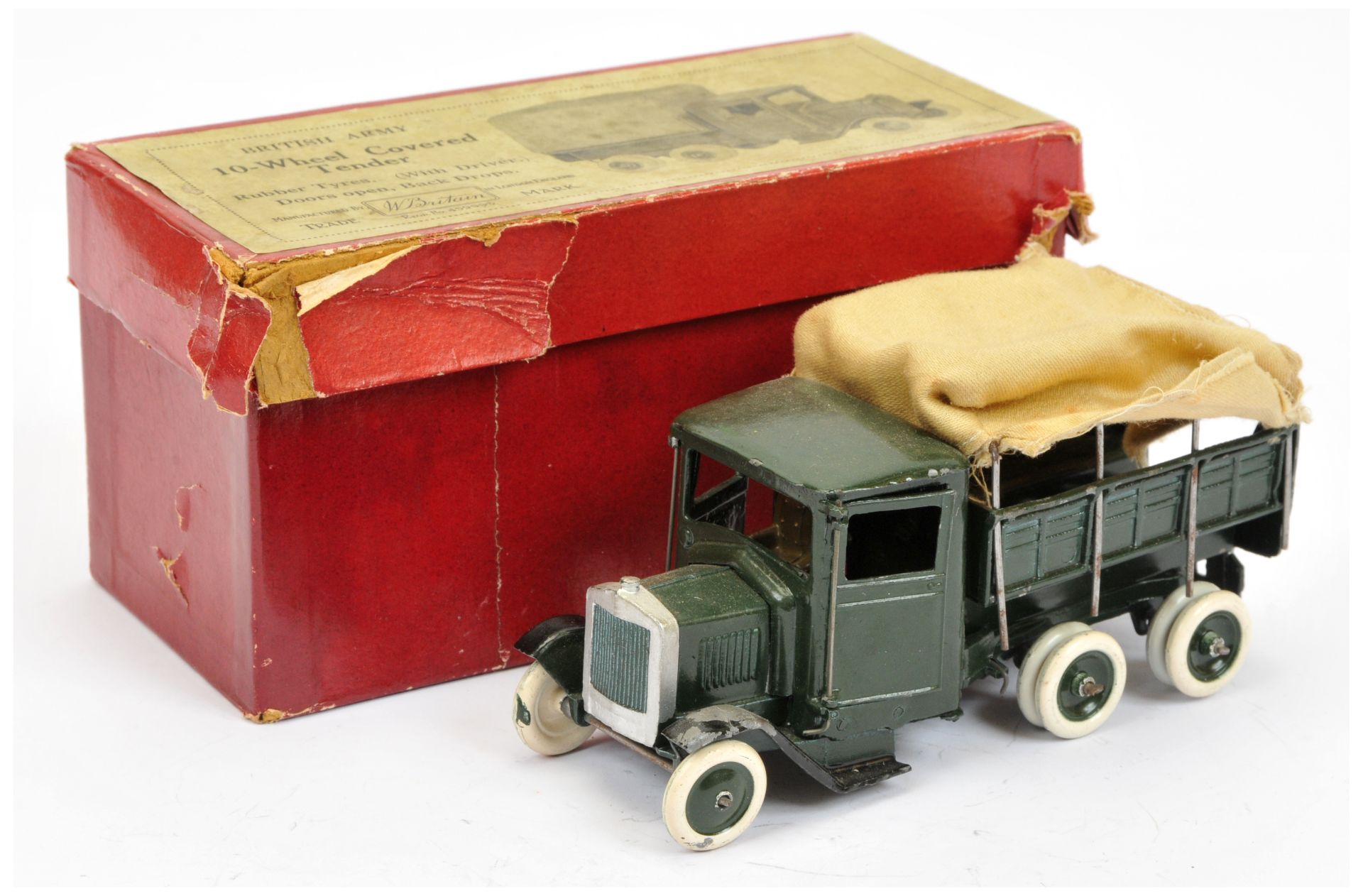 britains 1332 Army 6 - Wheeled  covered  Lorry  - dark green including hubs with painted white ty...