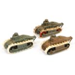 Tootsietoy group of 3 Renault Tanks - (1) black, yellow, red wheels  (2) green with black wheels