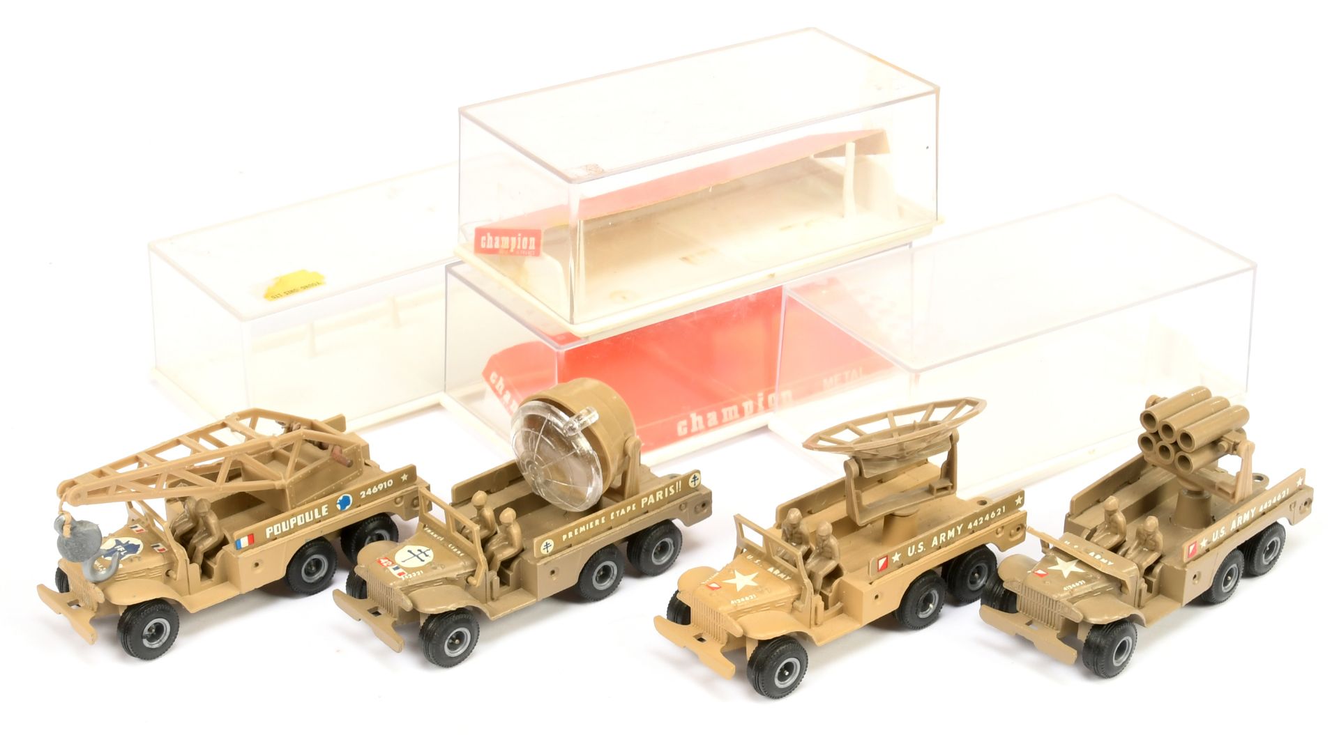 Champion Military group of 4 lorry's to include (1) with searchlight, (2) crane, (3) Rocket launc...