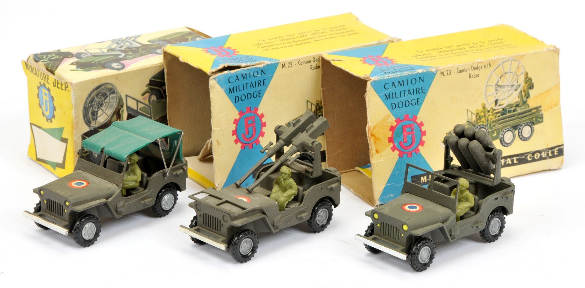 FJ Military a group of 3 Jeeps  - (1) rocket firing - drab green, (2) With Anti-Craft guns- Drab ...