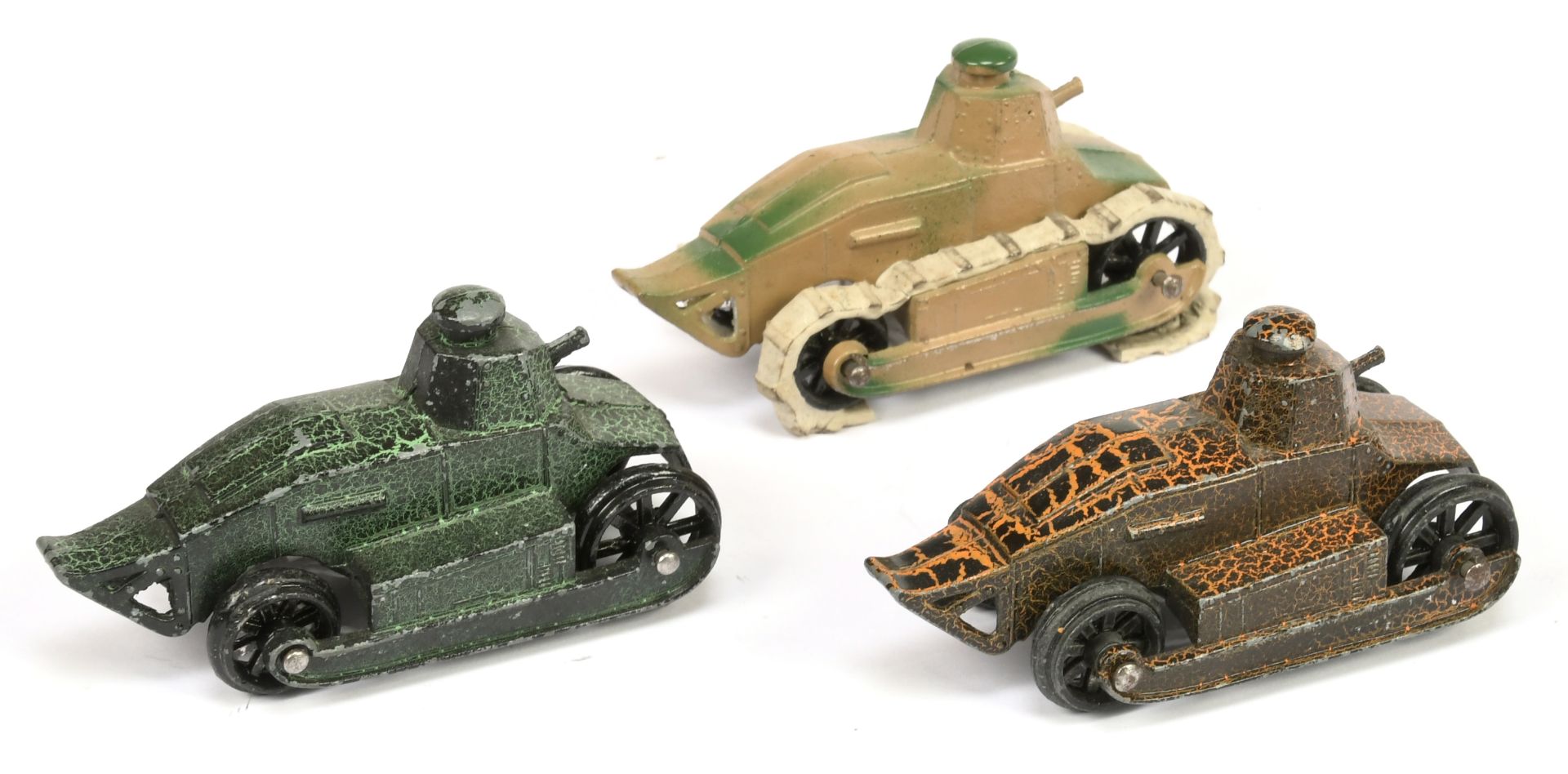 Tootsietoy group of 3 Renault Tanks - (1) brown, orange,(2) dark green and (3) camouflage tan/green - Image 2 of 2