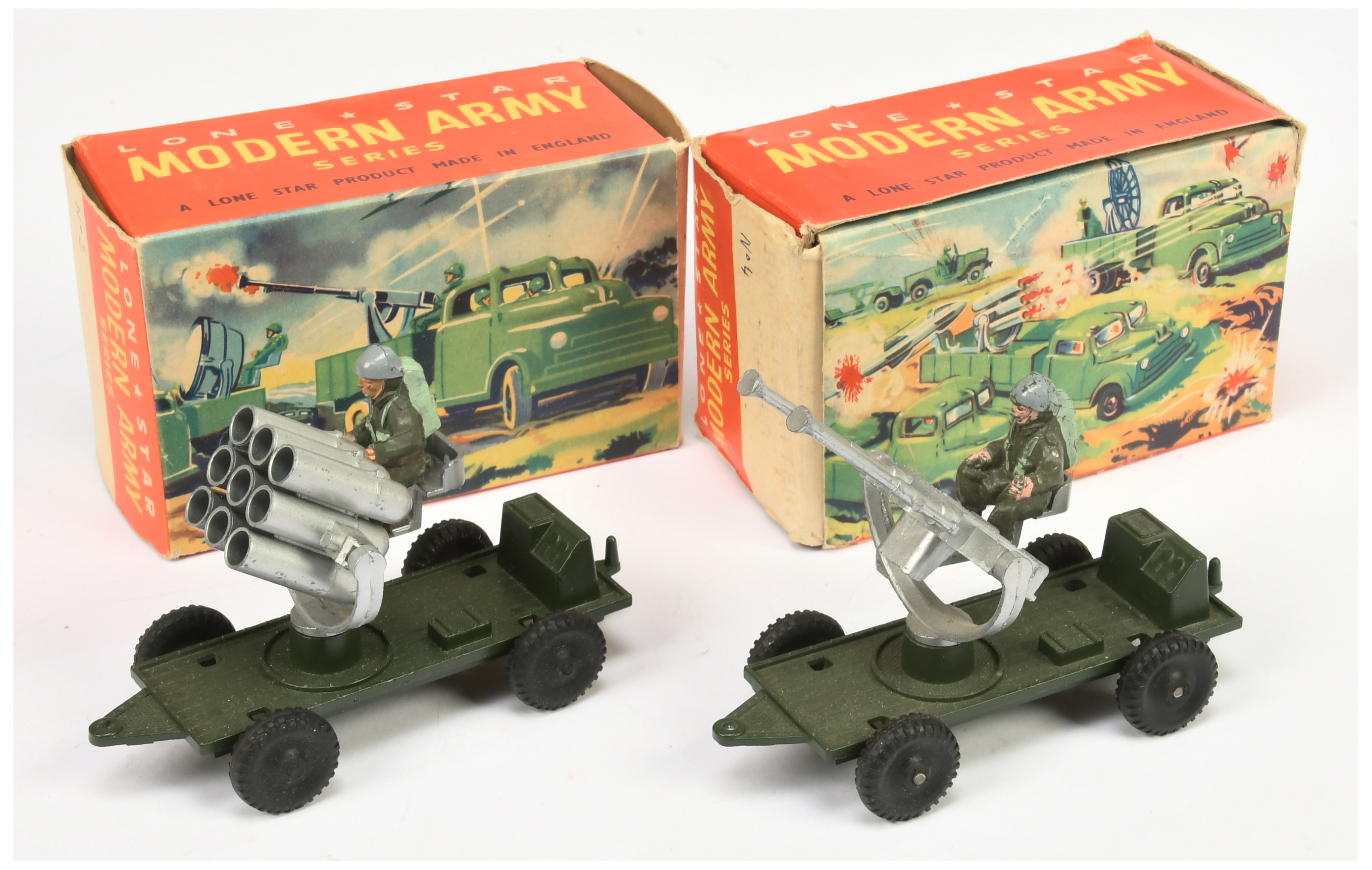 Lone star Military a pair of gun/battery launcher trailers (1) green, with silver battery launcher