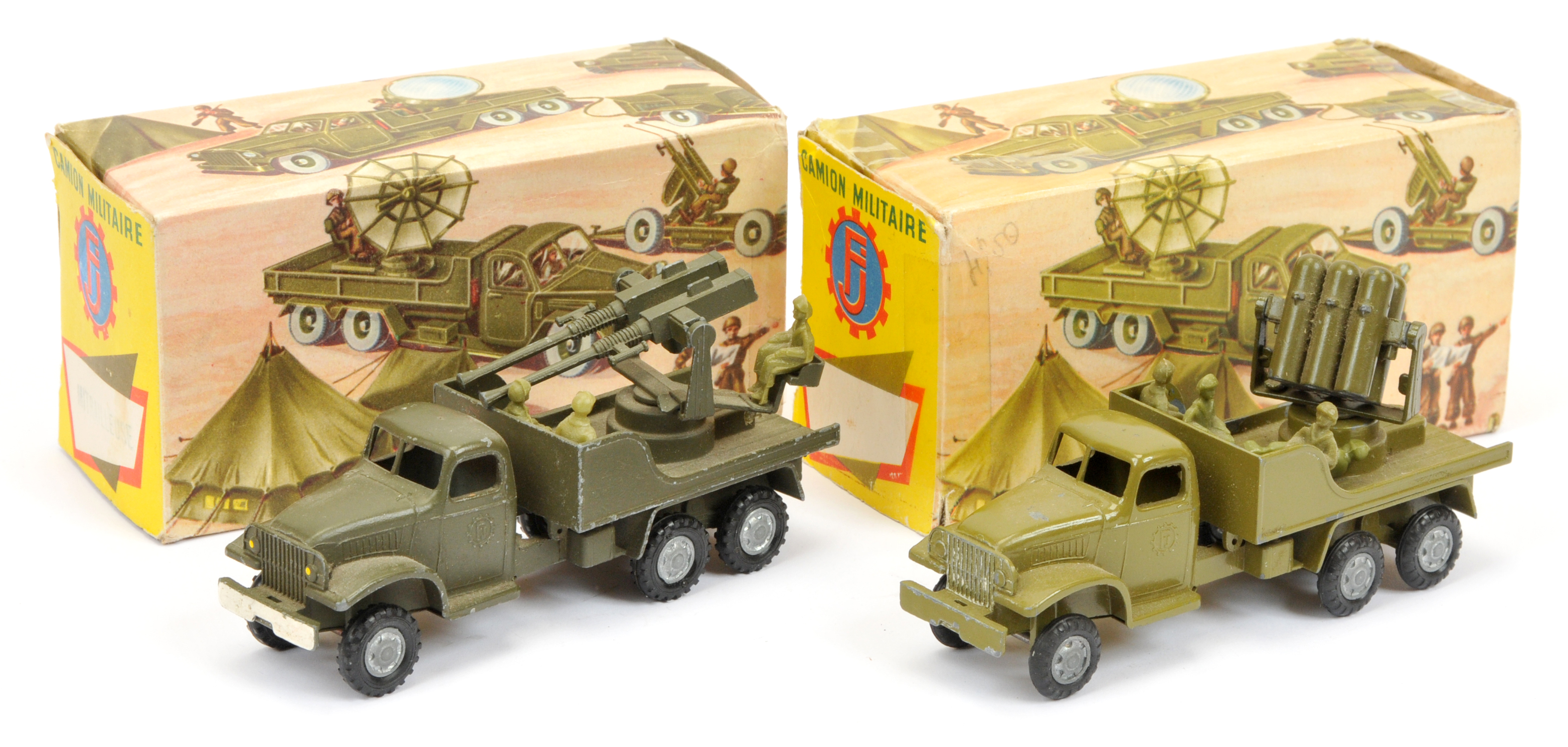 FJ military a pair -  GMC truck with rocket launcher - olive green and with Anti-Aircraft guns