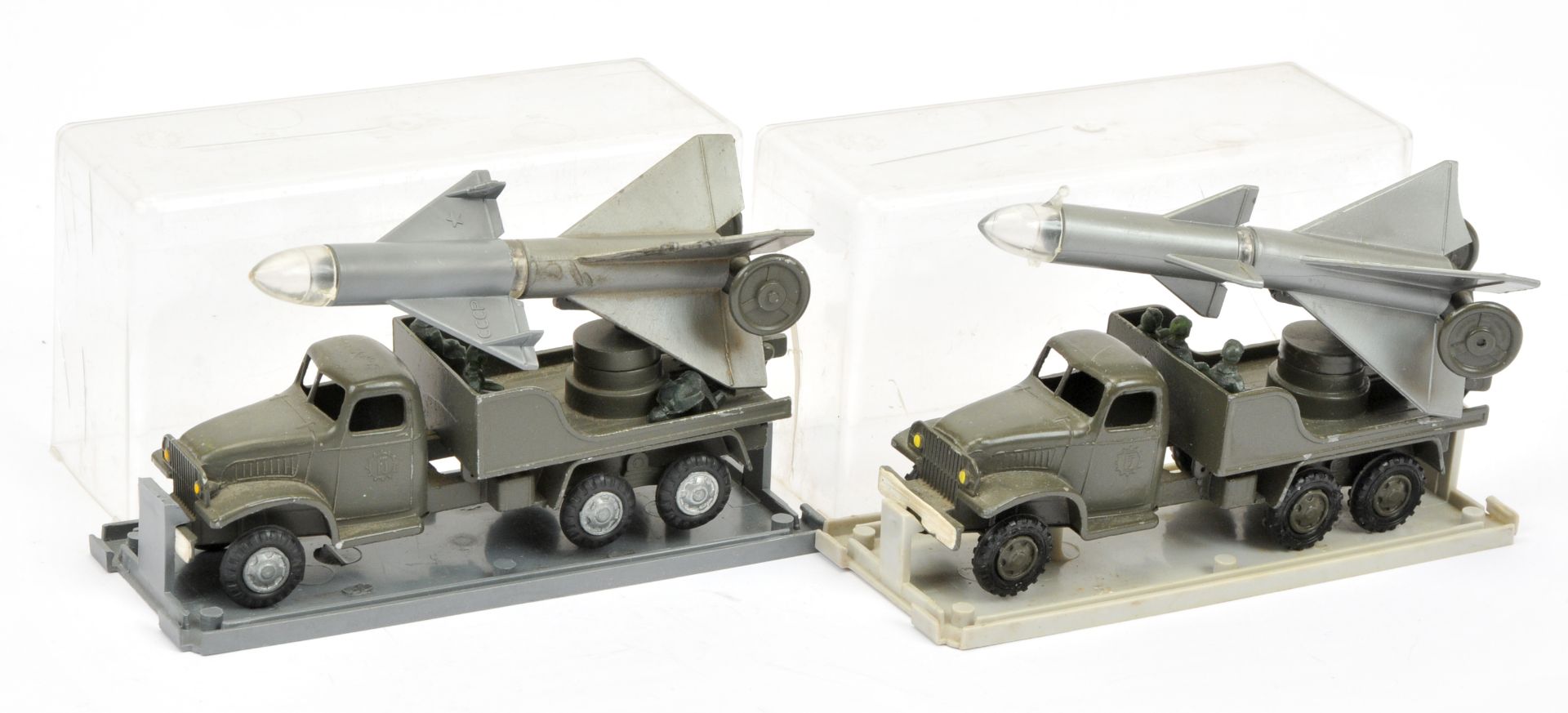 FJ Military a pair of Rocket firing lorry's - (1)  drab green with silver hubs and silver-grey ro...