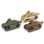 Tootsietoy group of 3 Renault Tanks - (1) brown, orange,(2) dark green and (3) camouflage tan/green