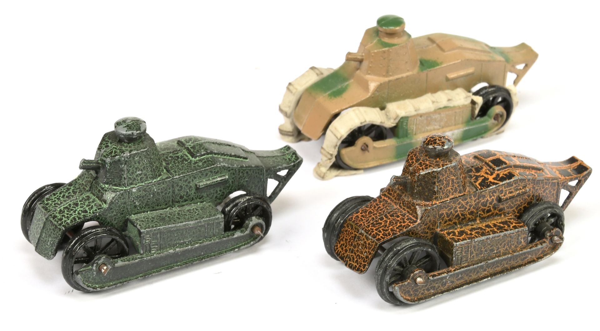 Tootsietoy group of 3 Renault Tanks - (1) brown, orange,(2) dark green and (3) camouflage tan/green