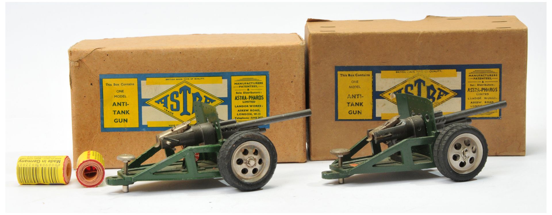 Astra Anti-Tank gun a pair (1) - military green, metal wheels and (2) same but darker green - Image 2 of 2