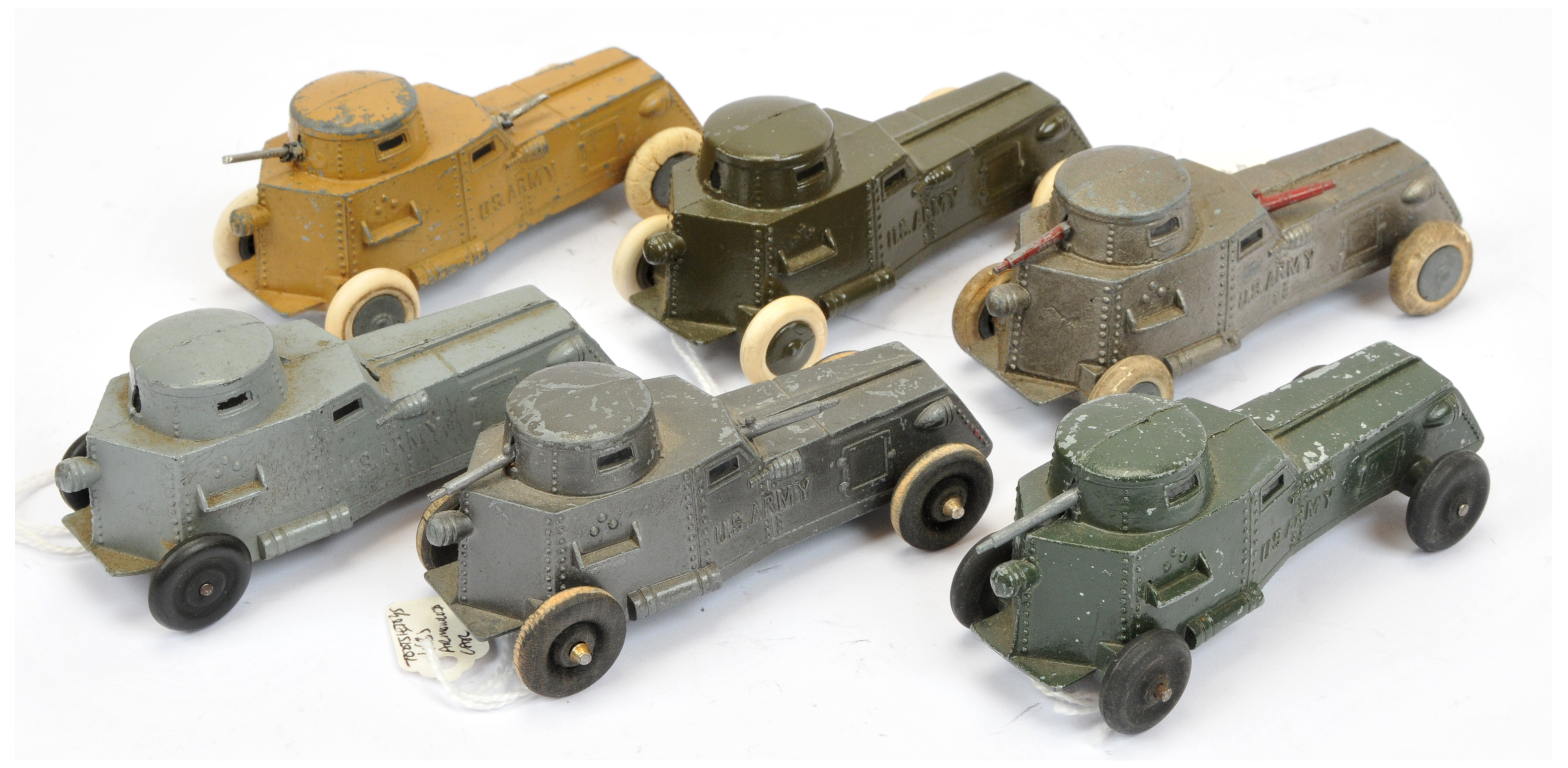 Tootsietoy group of 6 Armoured cars   - to include grey including hubs with white tyres - Image 2 of 2