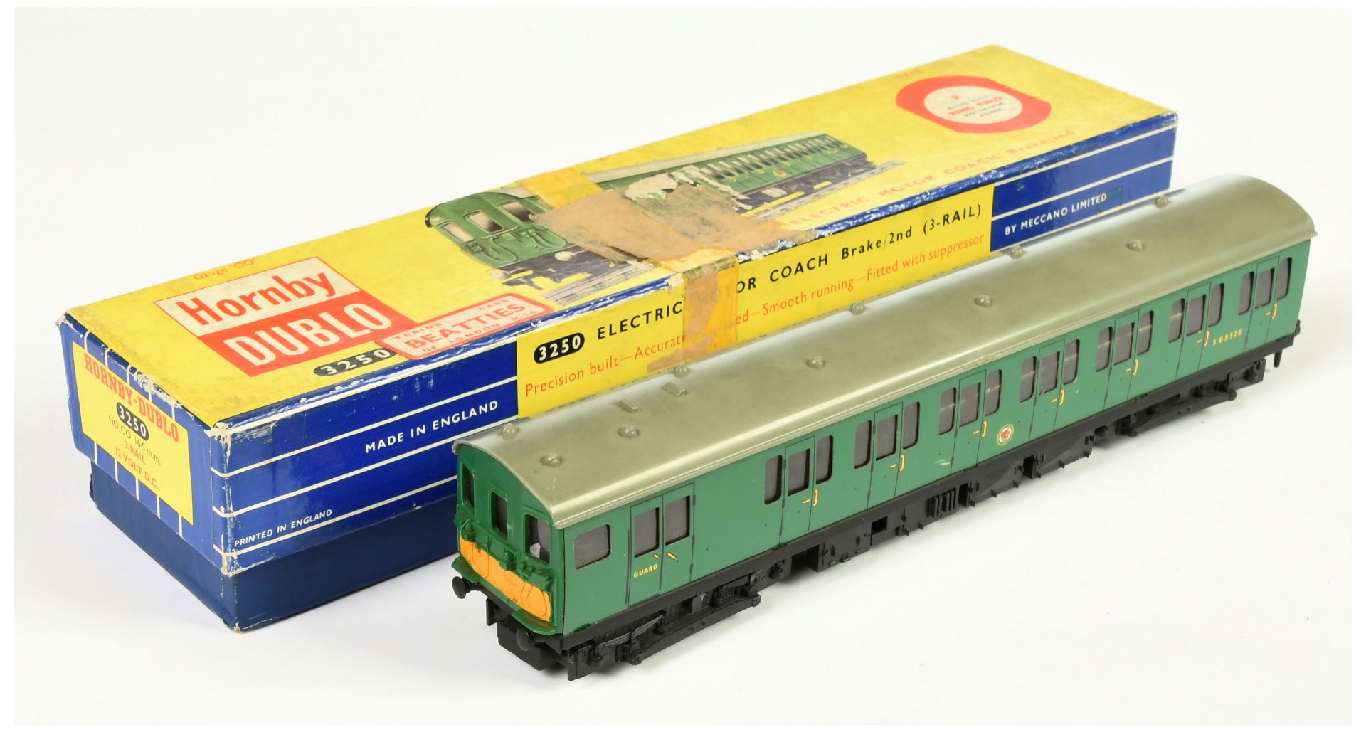 Hornby Dublo 3-rail 3250 SR green Electric Motor Coach Brake 2nd WITH RARE PLAIN GREEN BACK