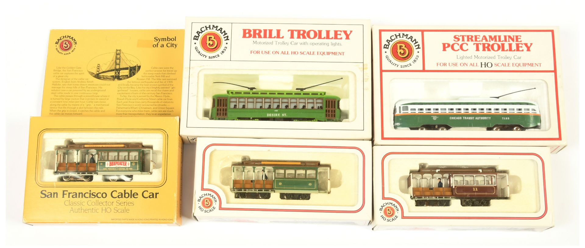 Bachmann HO Group of 5x Sigle deck Trolley / Cable Cars. 