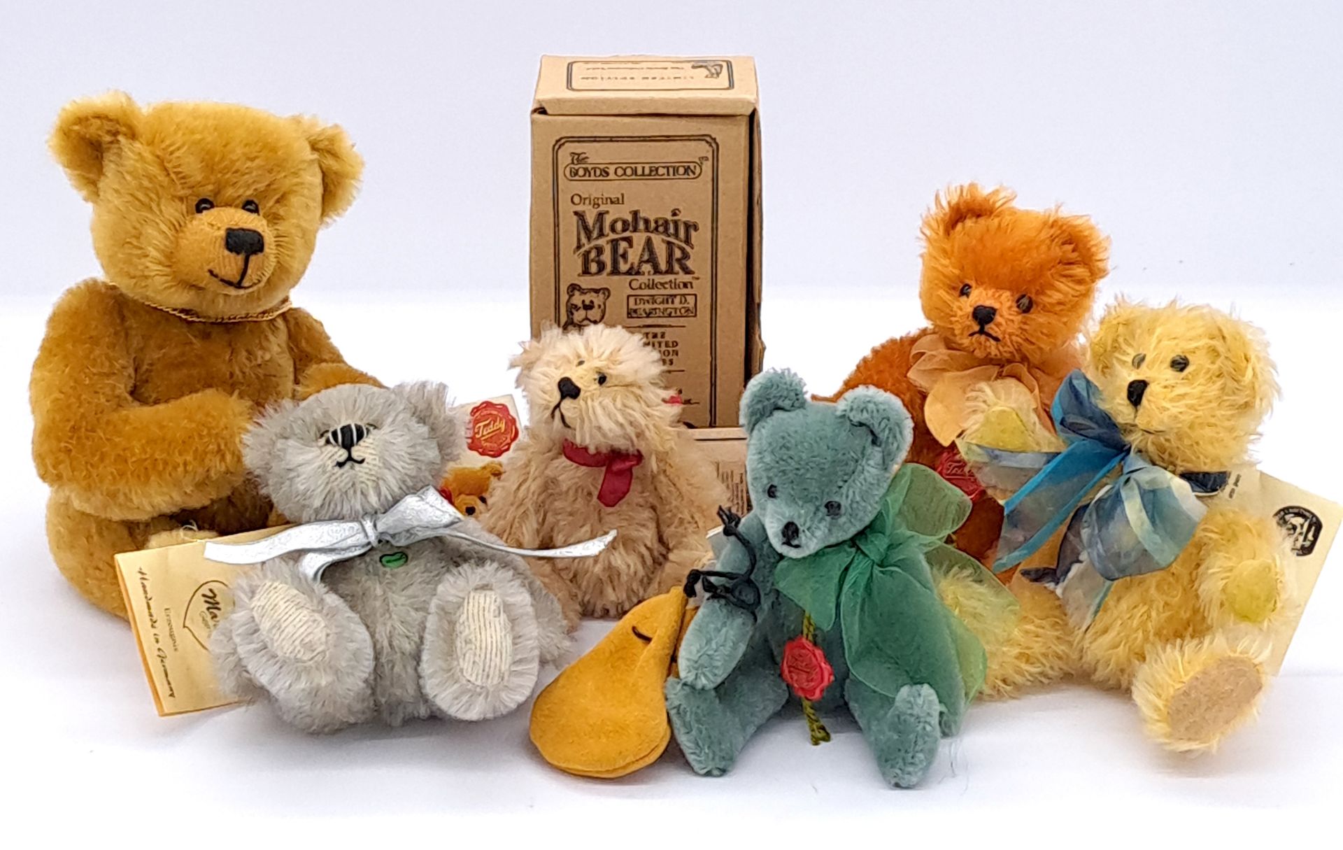 Assortment of mohair teddy bears, including Teddy-Hermann and Martin