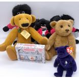 Assortment of teddy bears, gollies, and others; including Steiff Schnuffy