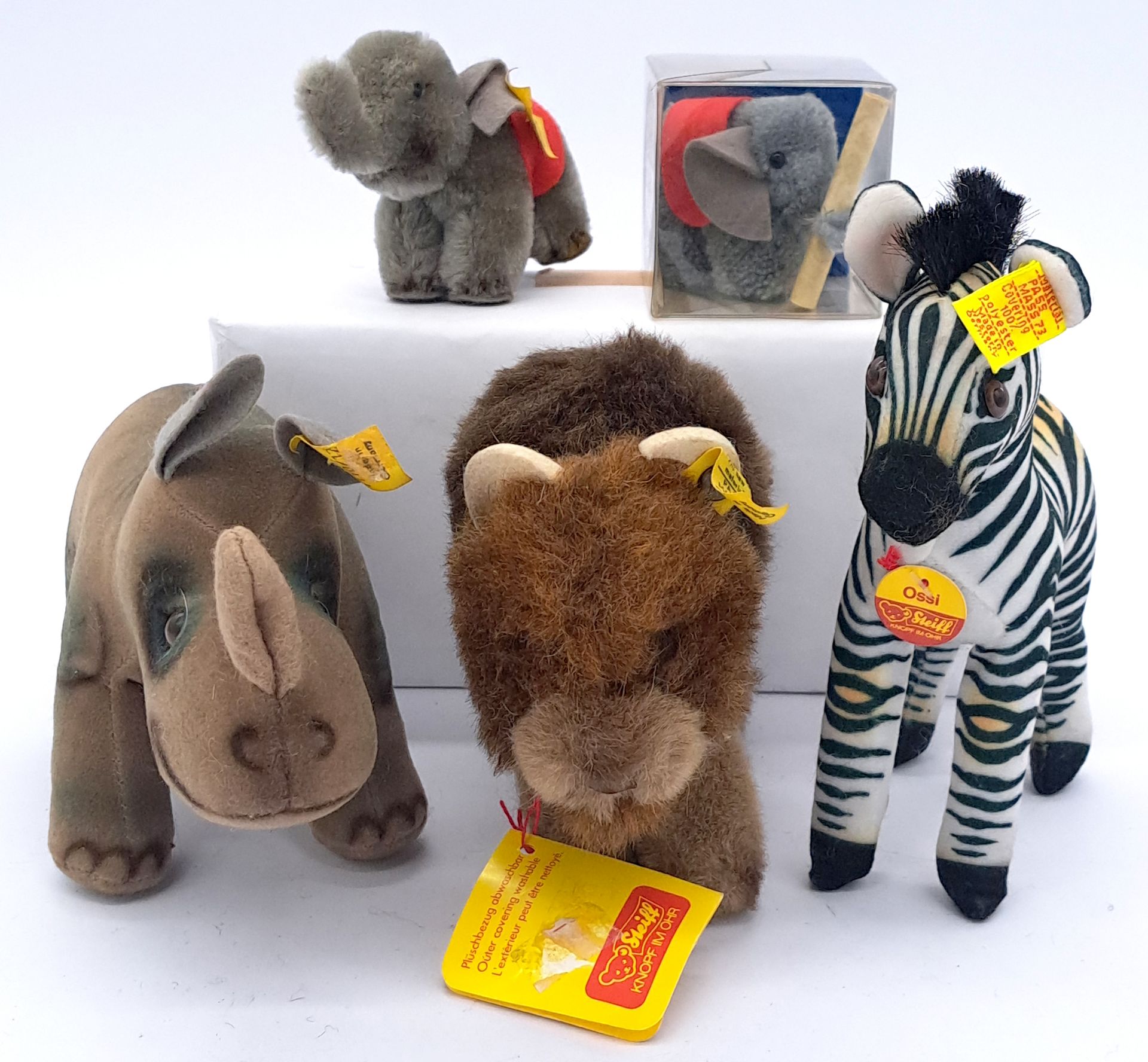 Steiff assortment including Nosy Rhinoceros and Ossi Zebra