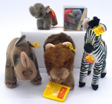 Steiff assortment including Nosy Rhinoceros and Ossi Zebra