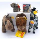 Steiff assortment including Nosy Rhinoceros and Ossi Zebra