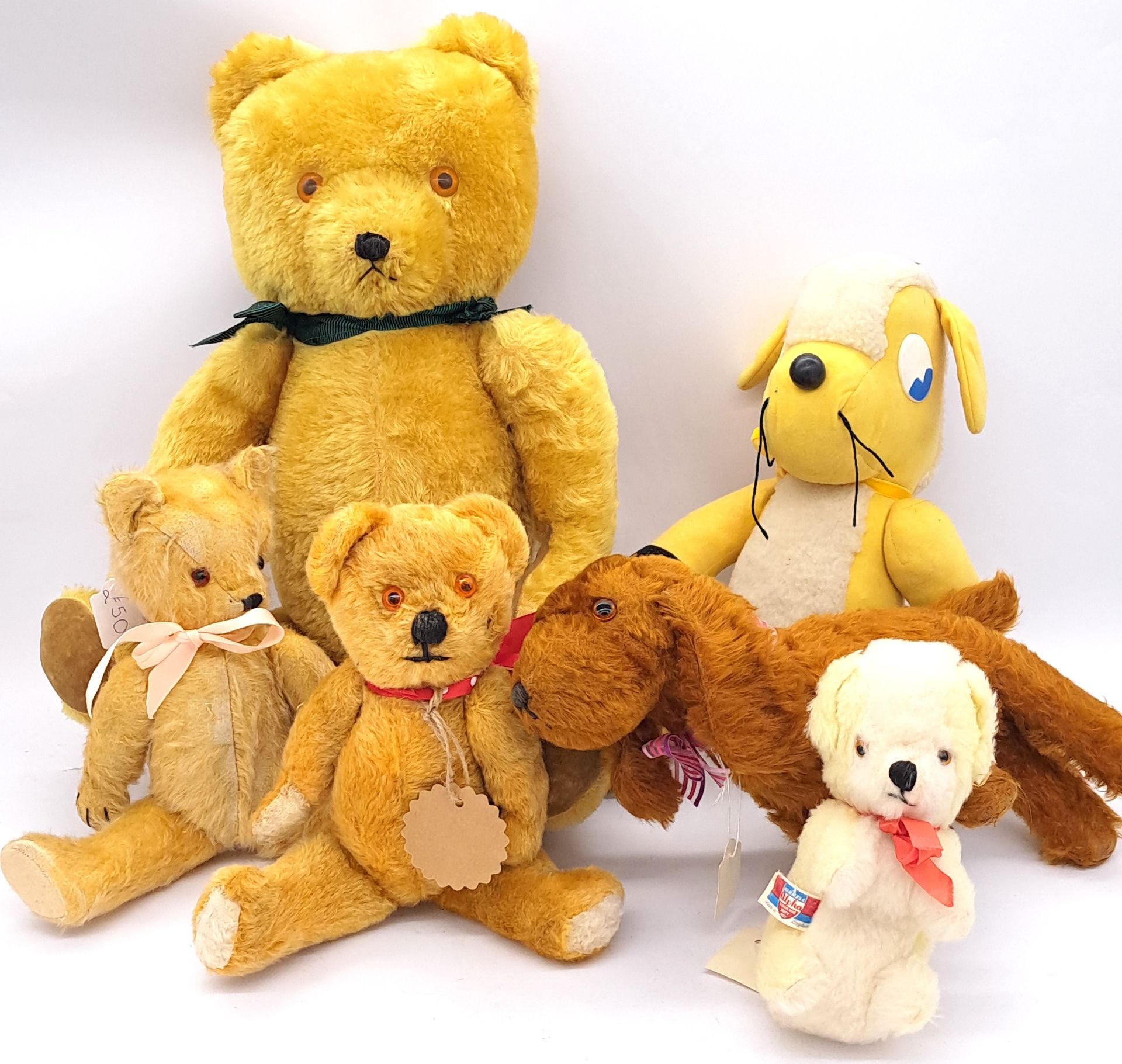 Assortment of vintage teddy bears and toys, including rare mohair Wendy Boston teddy bear