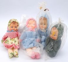 Assortment of vintage plush and artificial silk plastic inset face dolls