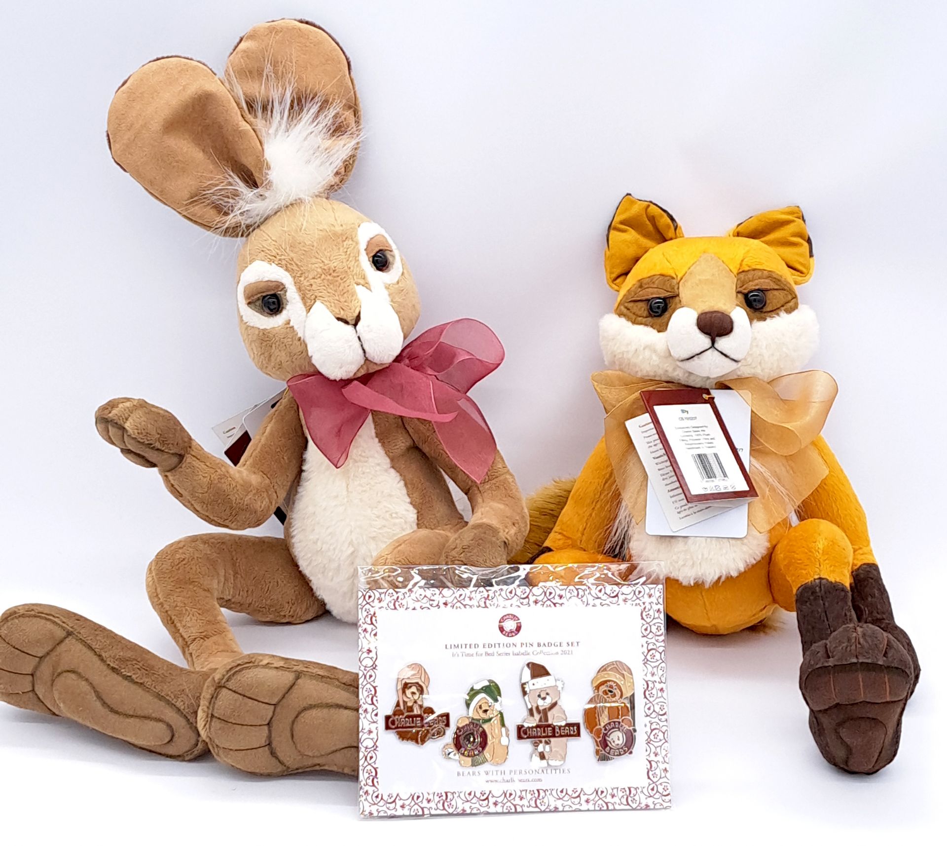 Charlie Bears Sly Fox and Speedy Hare, plus pin badge set