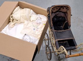 Antique doll's pram plus doll's/children's clothing, including whitewear