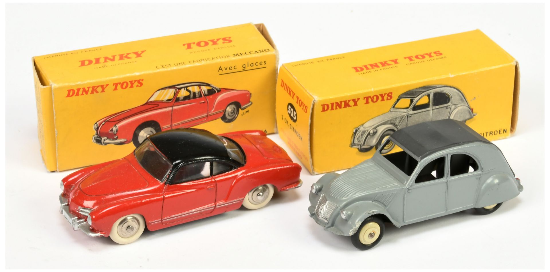 French Dinky Toys 24M Volkswagen Karmann Ghia - Red with black roof, chrome convex hubs with whit...