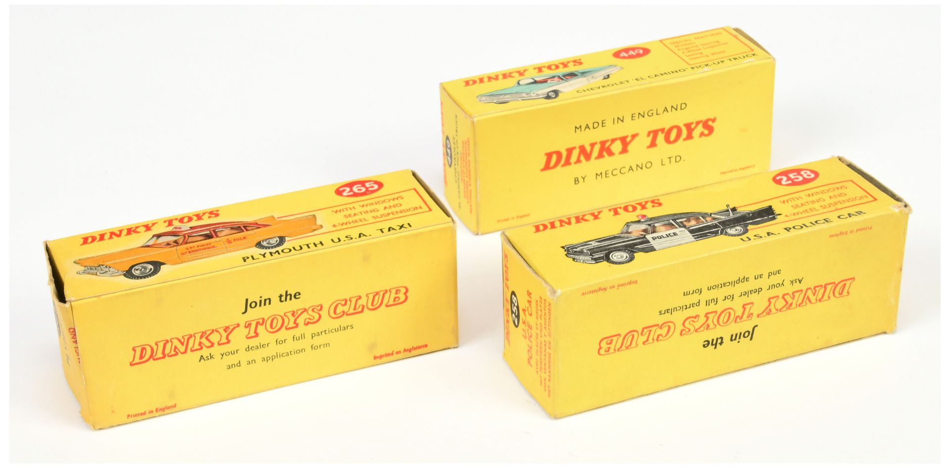 Dinky Toys Empty boxes A Group - (1) 258 "USA Police" Car, (2) 265 Plymouth "USA Taxi", and (3) 4... - Bild 2 aus 2