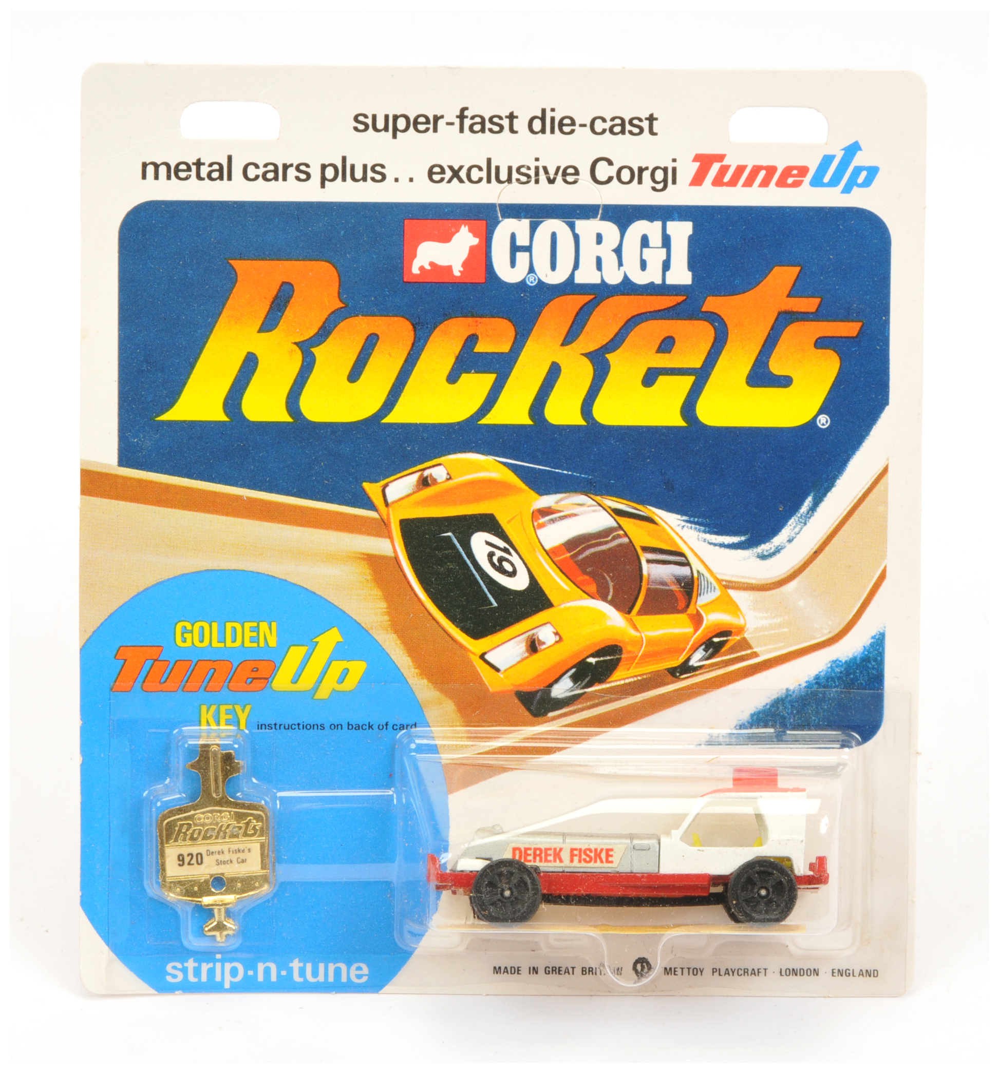 Corgi Toys Rockets D920 "Derek Fiske's" Stock Car - White body, red chassis, yellow interior with...