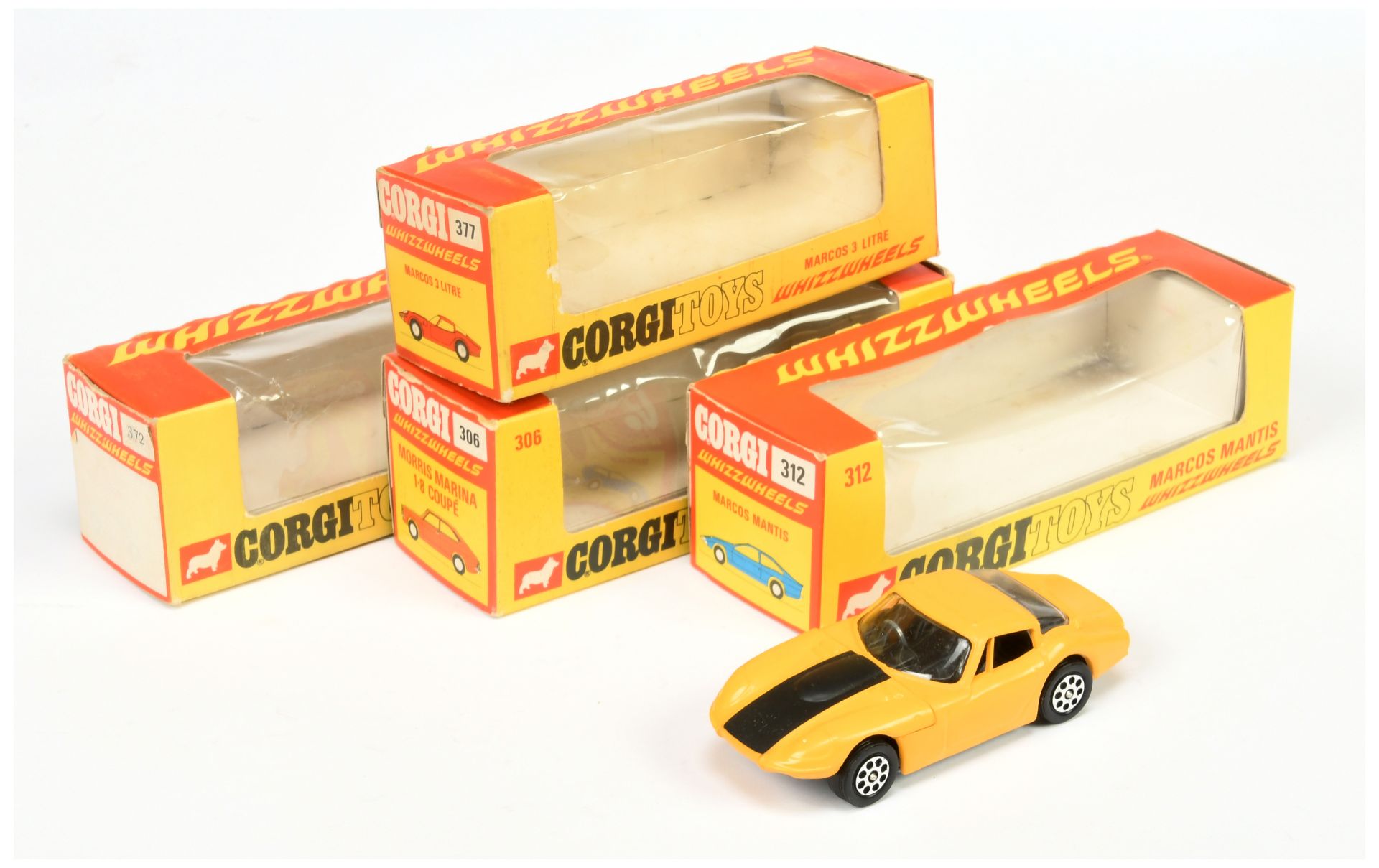 Corgi Toys Group of Whizzwheels - 377 Marcos 3 litre - Yellow body, black interior and bonnet str...