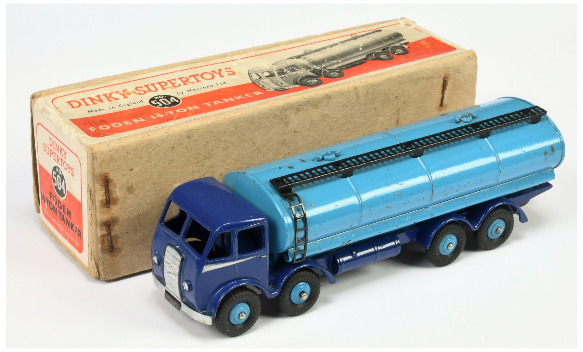 Dinky Toys 504 Foden (type 2) Tanker -Two-Tone blue, silver trim and side flashes, rigid hubs, bl...