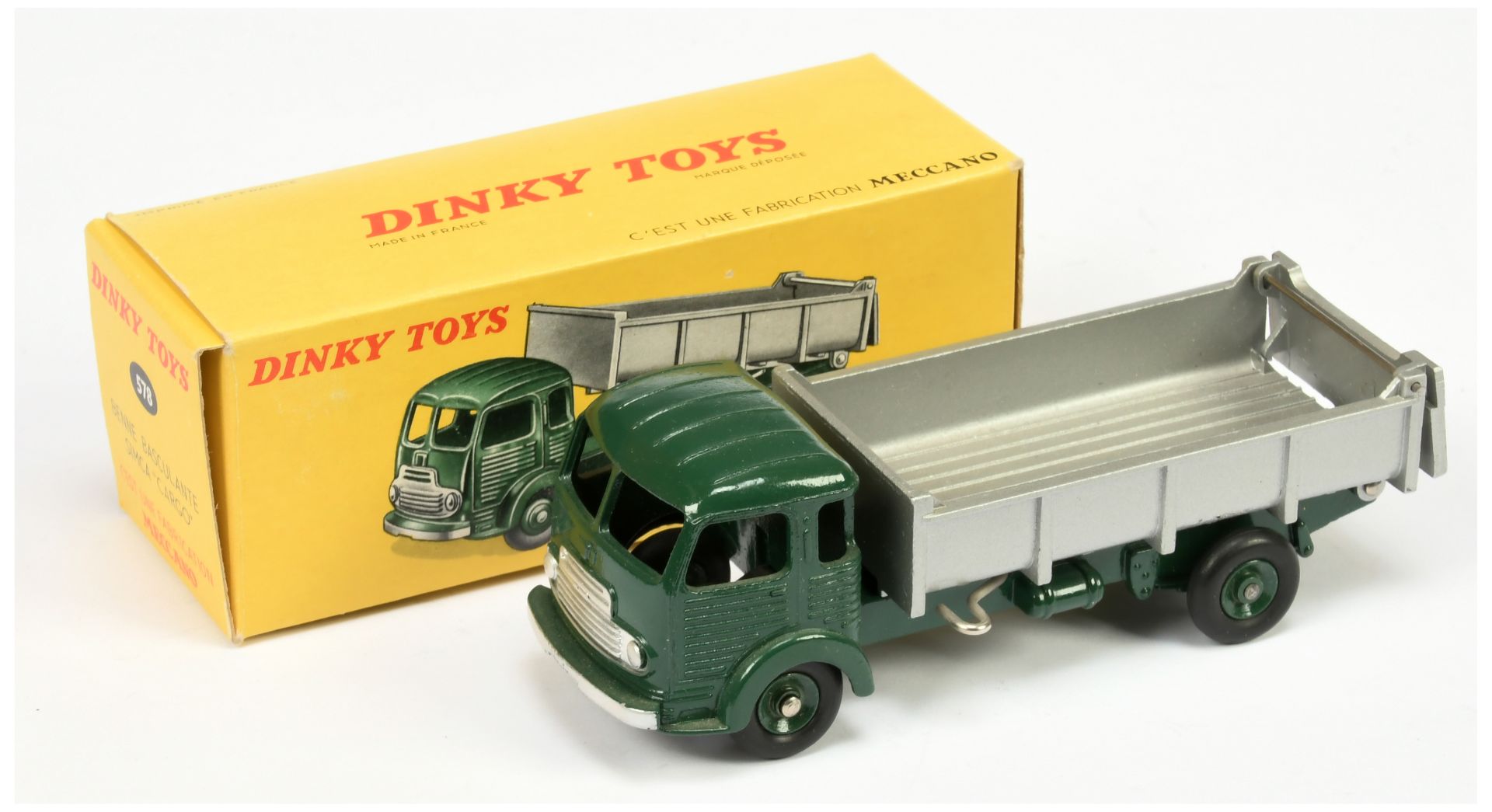 French Dinky Toys 578 Simca Cargo Tipper - Green cab, chassis and concave hubs, silver trim and r...