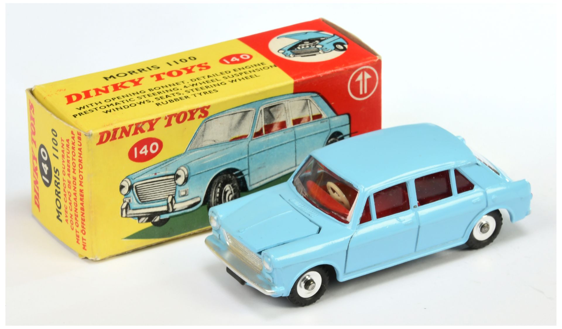 Dinky Toys 140 Morris 1100 - Light blue body, red interior, silver trim, chrome spun hubs 