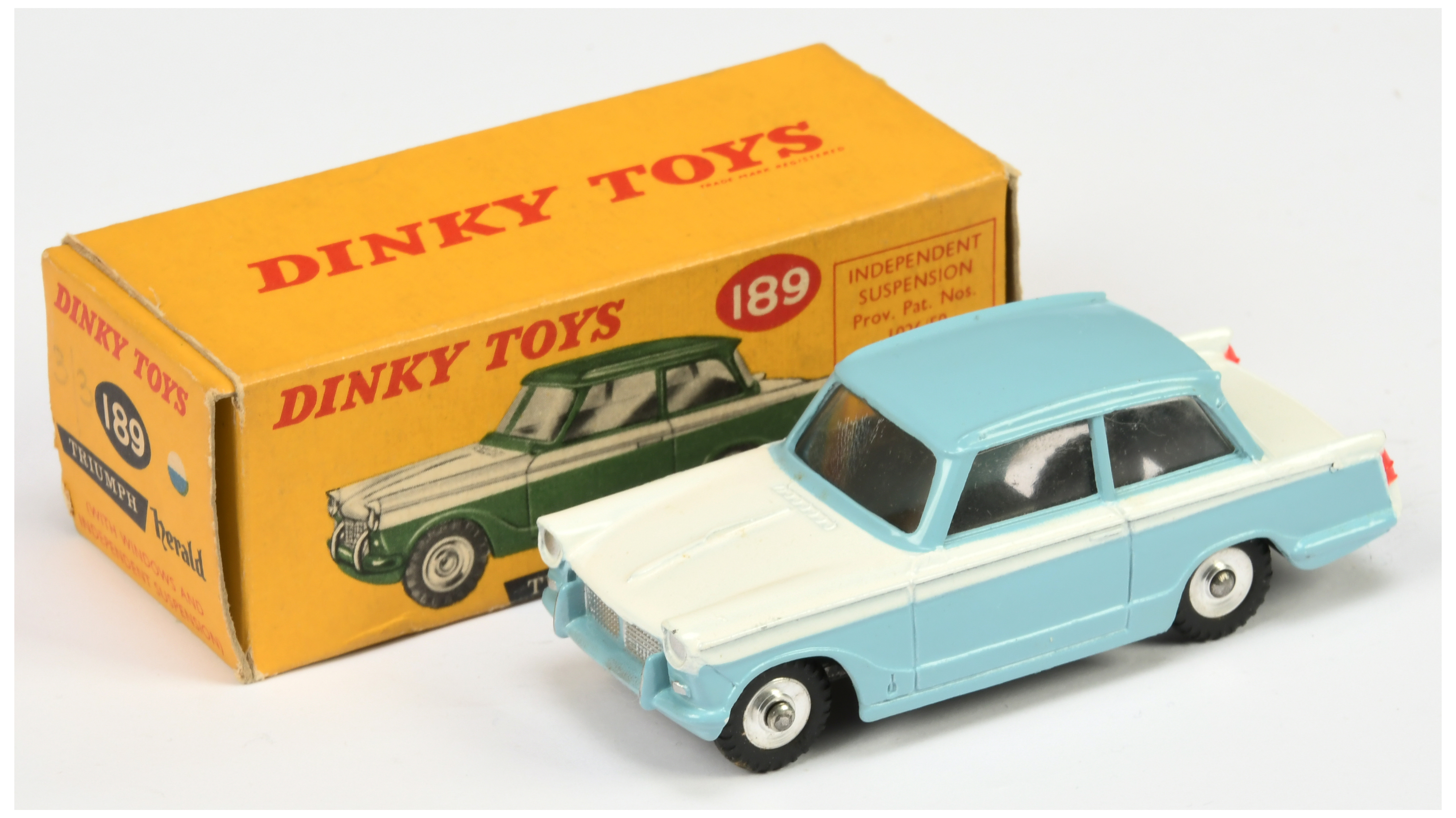 Dinky Toys 189 Triumph Herald Saloon - Two-Tone white and light blue, silver trim and spun hubs
