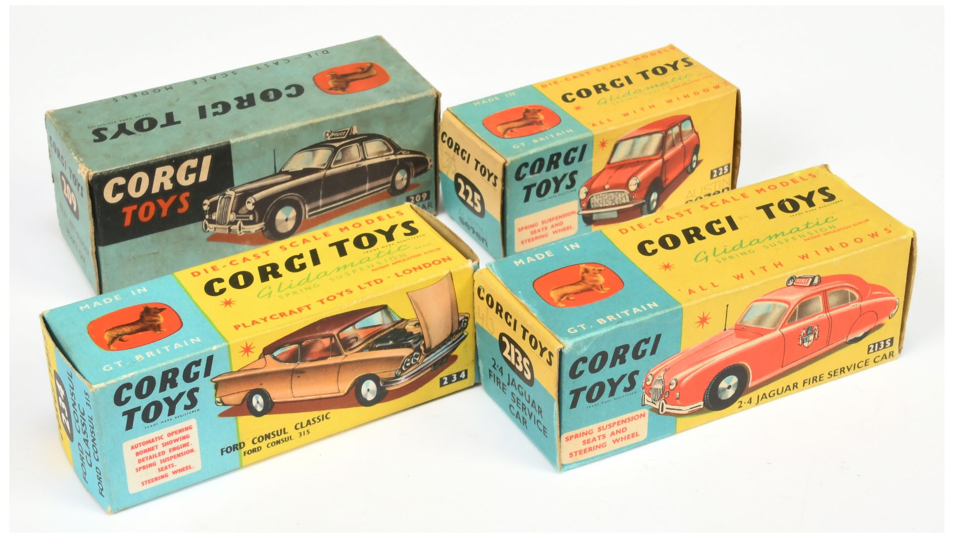 Corgi Toys Empty boxes  - (1) 209 Riley Pathfinder"Police" Car  (2) 213S Jaguar 3.4 Litre "Fire S...