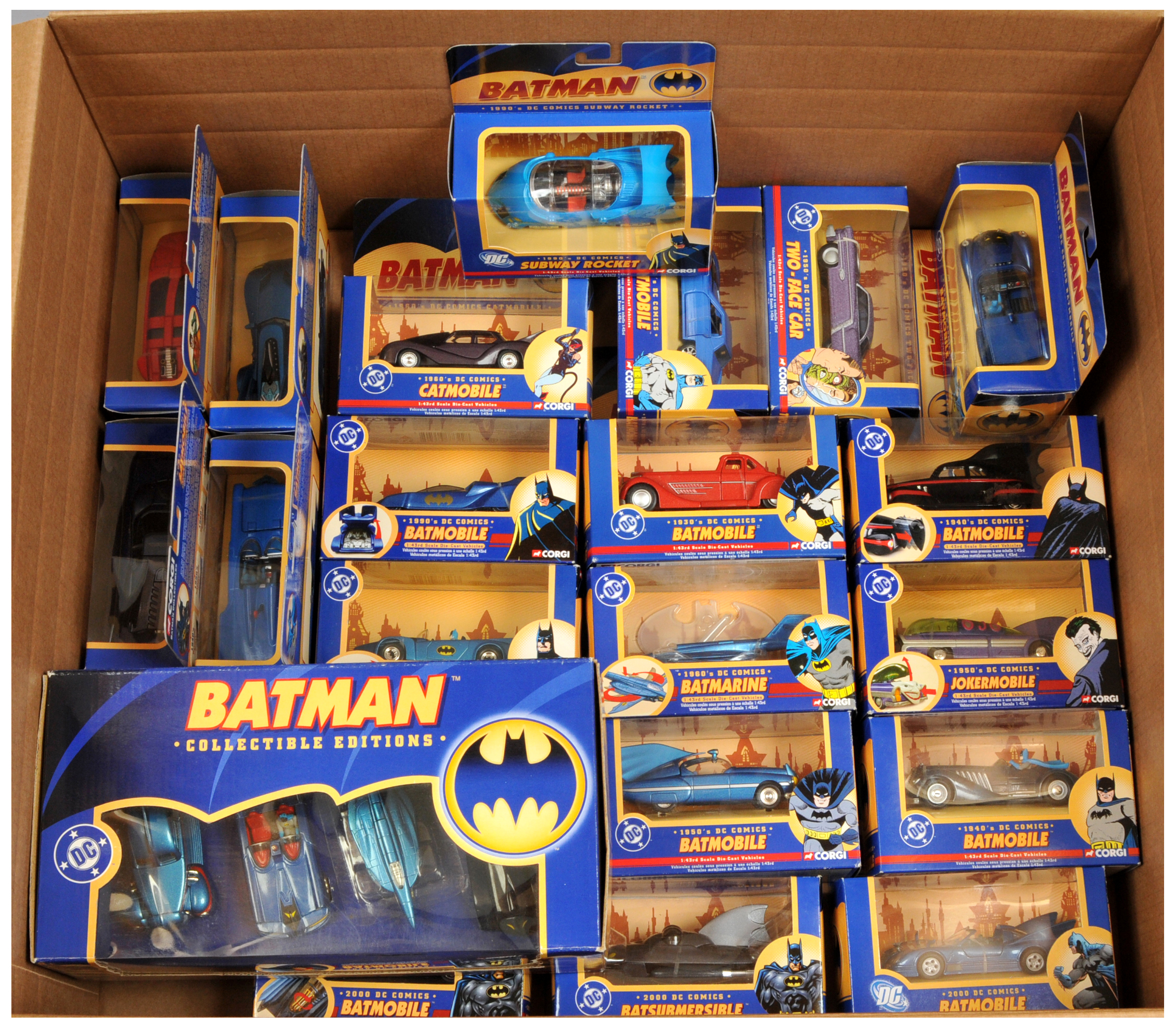 Corgi "Batman" Group Of 22 To include - Two-face car, Redbird, 1970's Batmobile, plus others incl...