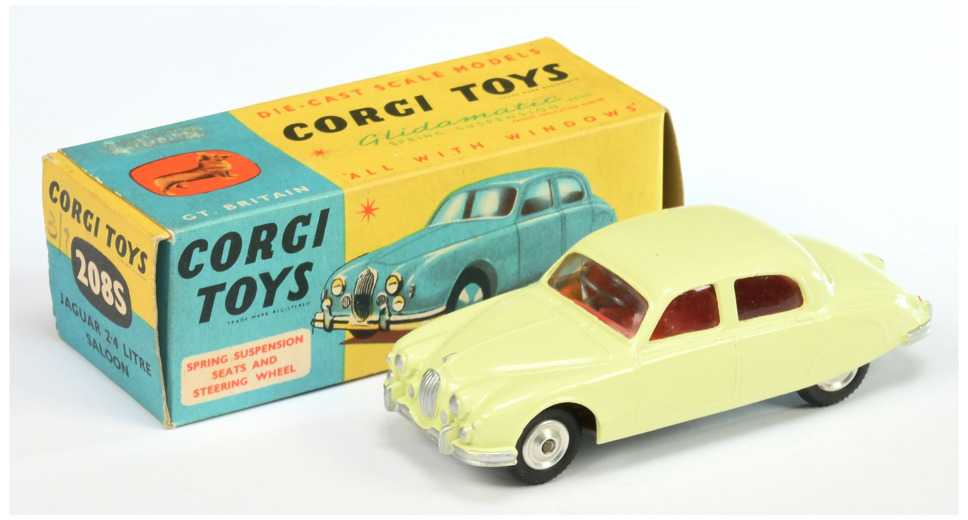 Corgi Toys 208S Jaguar 2.4 Litre Saloon - Primrose yellow, red interior, silver trim and spun hubs