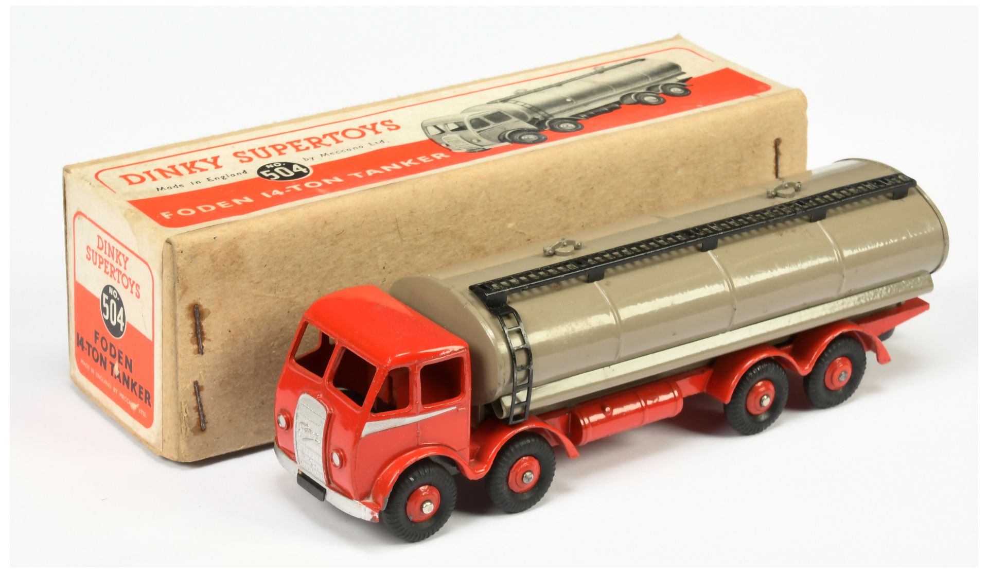 Dinky Toys 504 Foden (type 1) Tanker - Red cab, chassis and rigid hubs,  fawn tanker with black g...