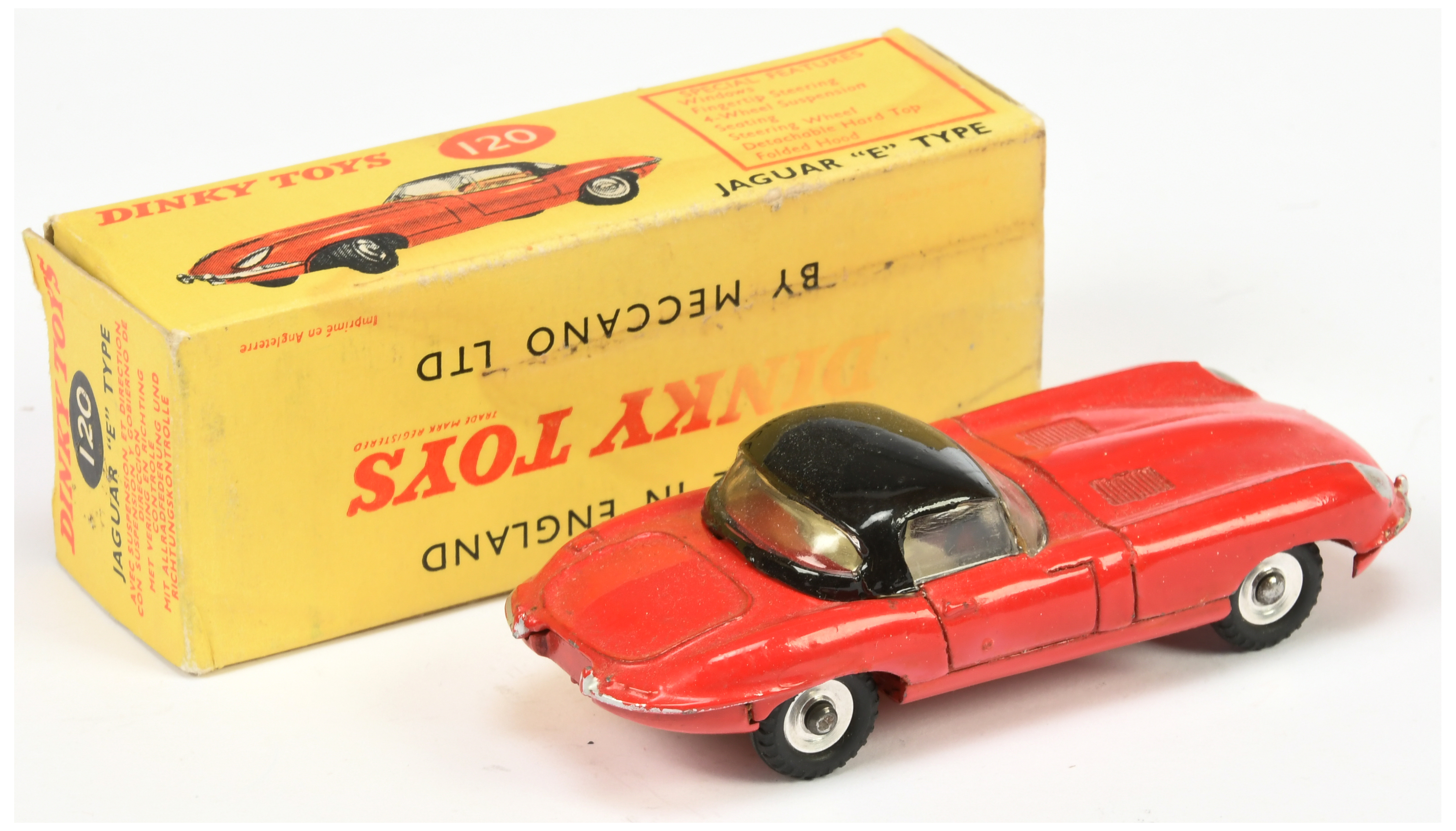 Dinky Toys 120 Jaguar Type E Sports Car - Red body, black detectable hood, silver lights, chrome ... - Image 2 of 2