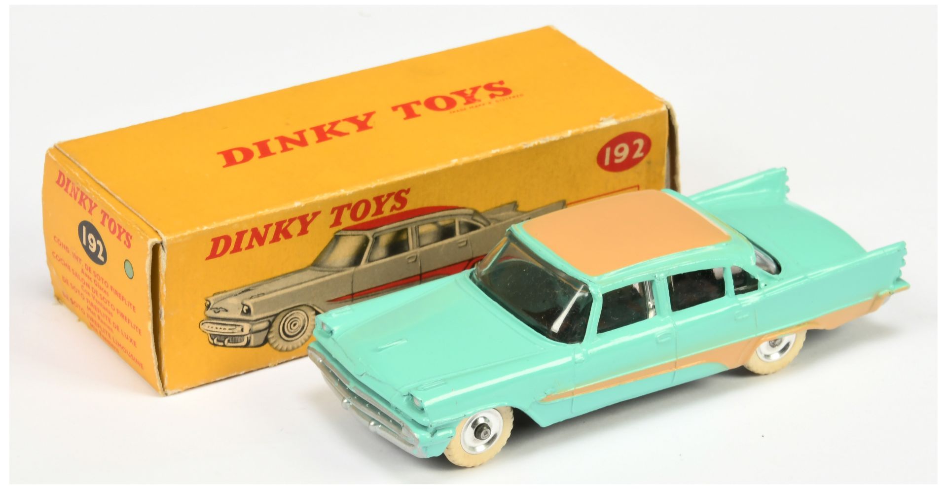 Dinky Toys 192 De Soto Fireflite  - Turquoise body with light tan roof and side flashes, silver t...