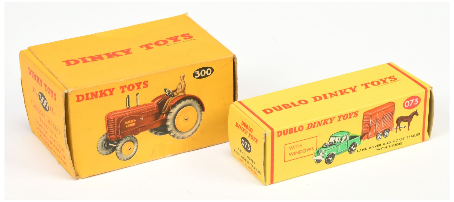 Dinky Toys Empty boxes A Pair - (1) 300 (27A) Massey Harris tractor - Yellow and Red carded box w...