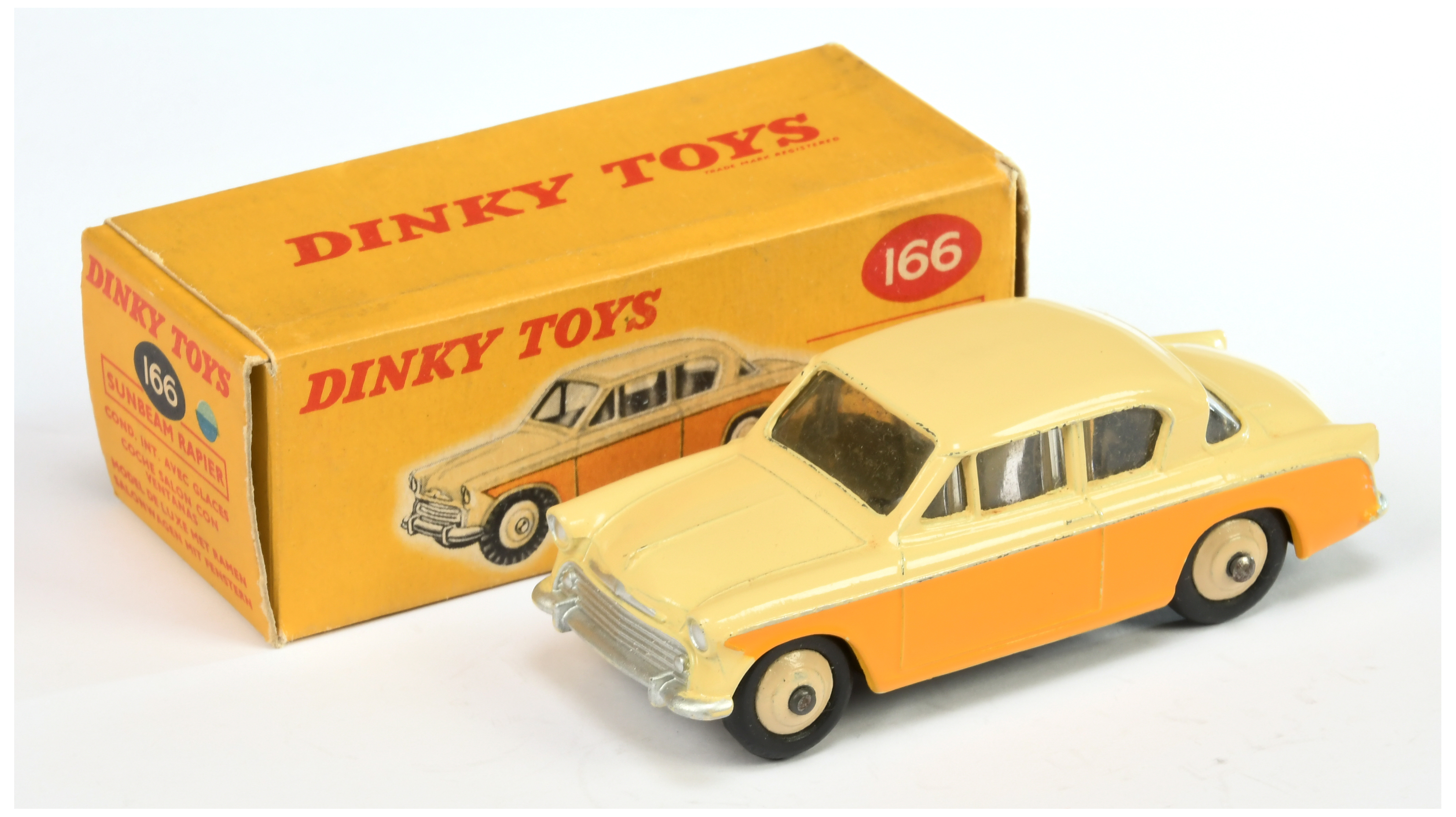 Dinky Toys 166 Sunbeam rapier Saloon - Two-Tone Cream and deep yellow, light beige hubs and silve...