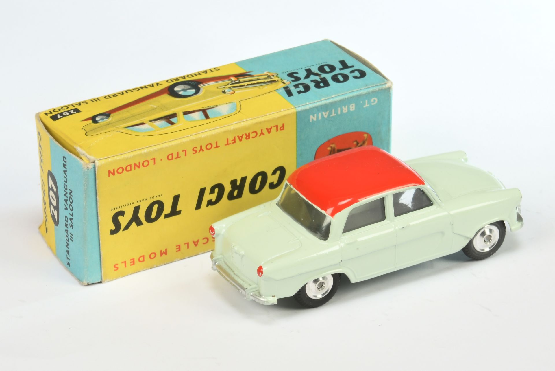 Corgi Toys 207 Standard Vanguard Saloon -  Very pale green with red roof, silver trim and spun hubs - Image 2 of 2