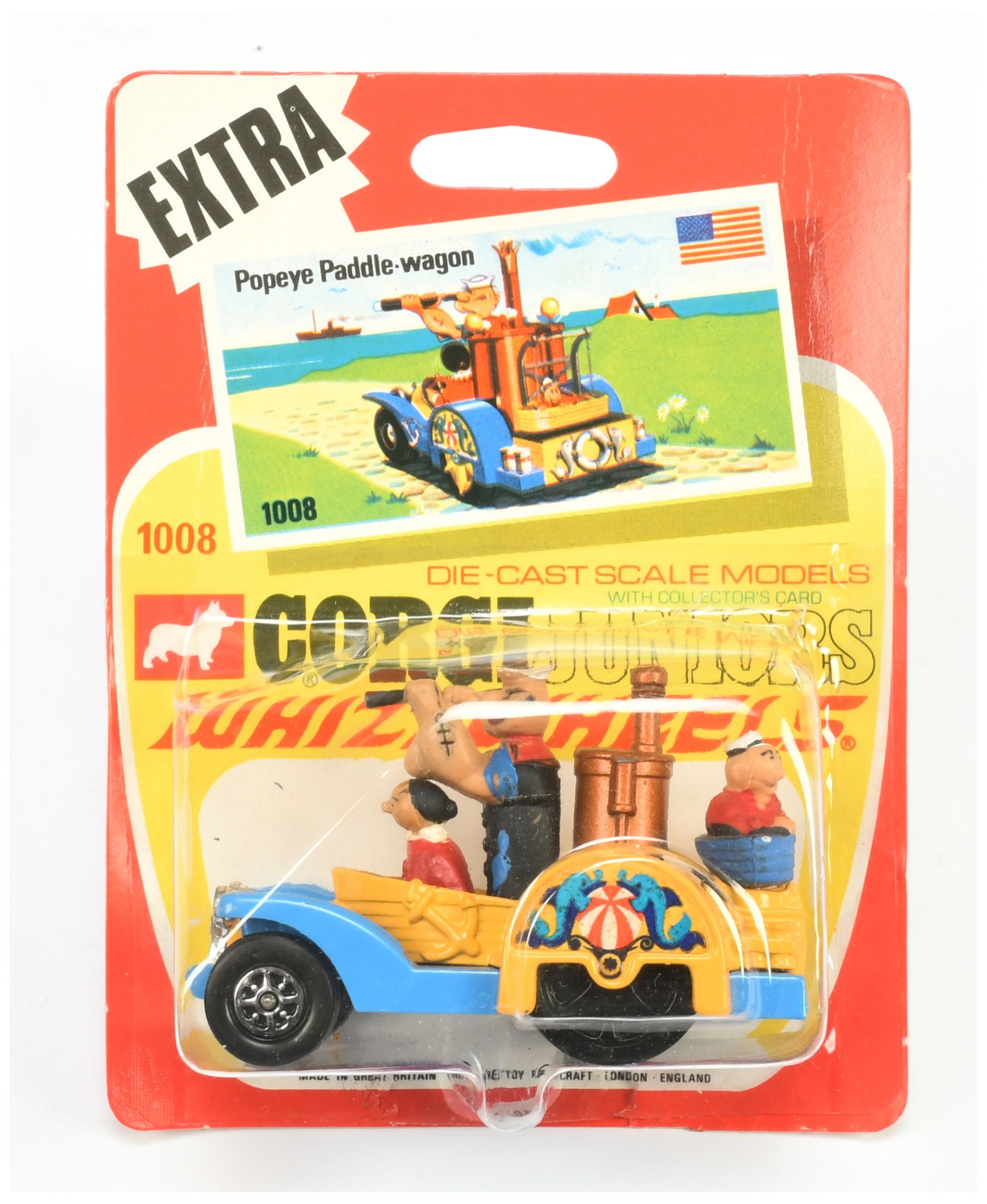 Corgi Juniors 1008 "Popeye" Paddle Wagon - Yellow Body, blue chassis, Waterwheels and with 3 X fi...