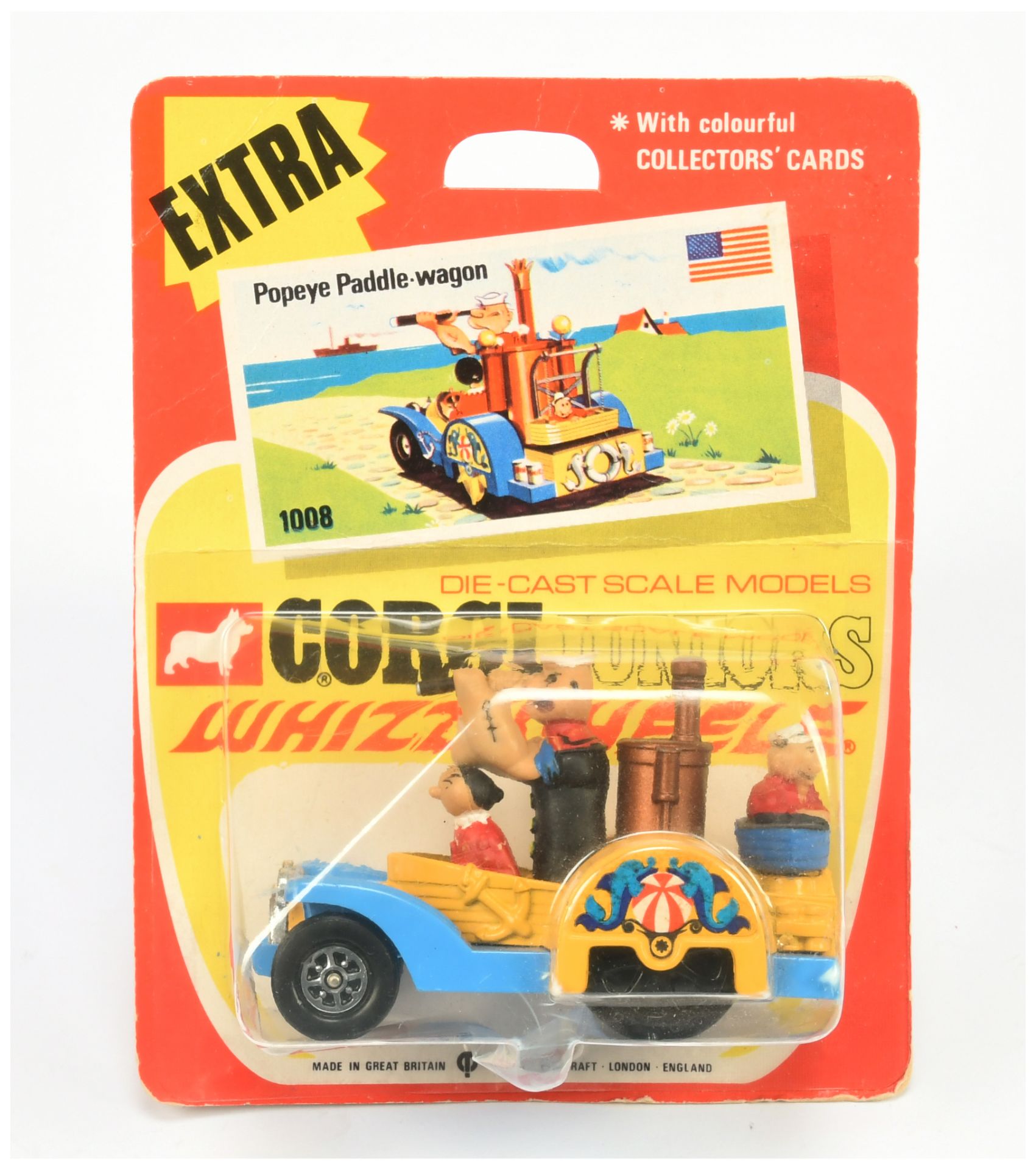 Corgi Juniors 1008 "Popeye" Paddle Wagon - Yellow Body, blue chassis, Waterwheels and with 3 X fi...