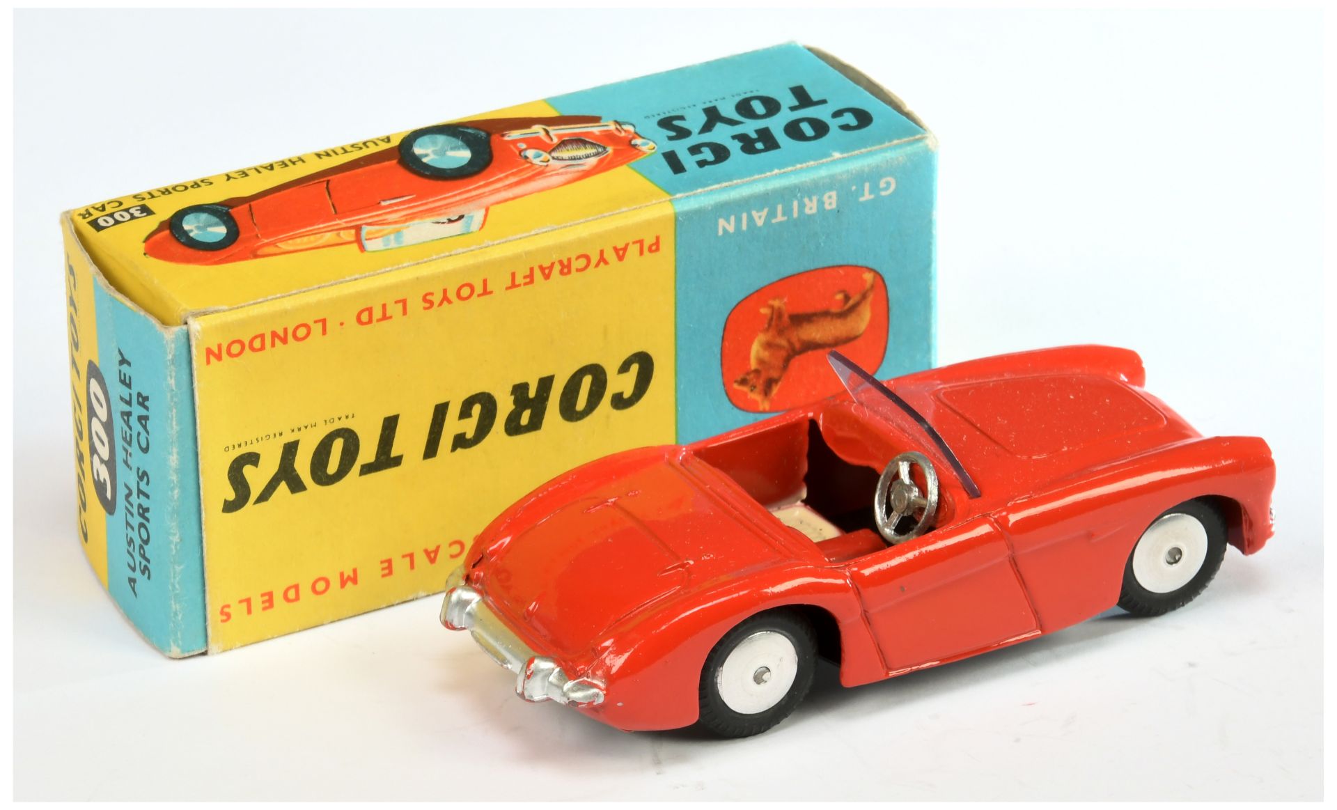 Corgi Toys 300 Austin Healey Sports Car - Orange-Red Body, cream seats, silver trim and flat spun... - Bild 2 aus 2