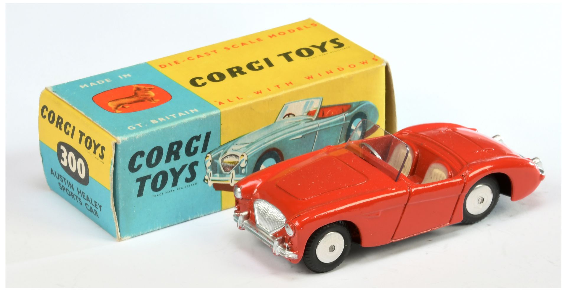 Corgi Toys 300 Austin Healey Sports Car - Orange-Red Body, cream seats, silver trim and flat spun...