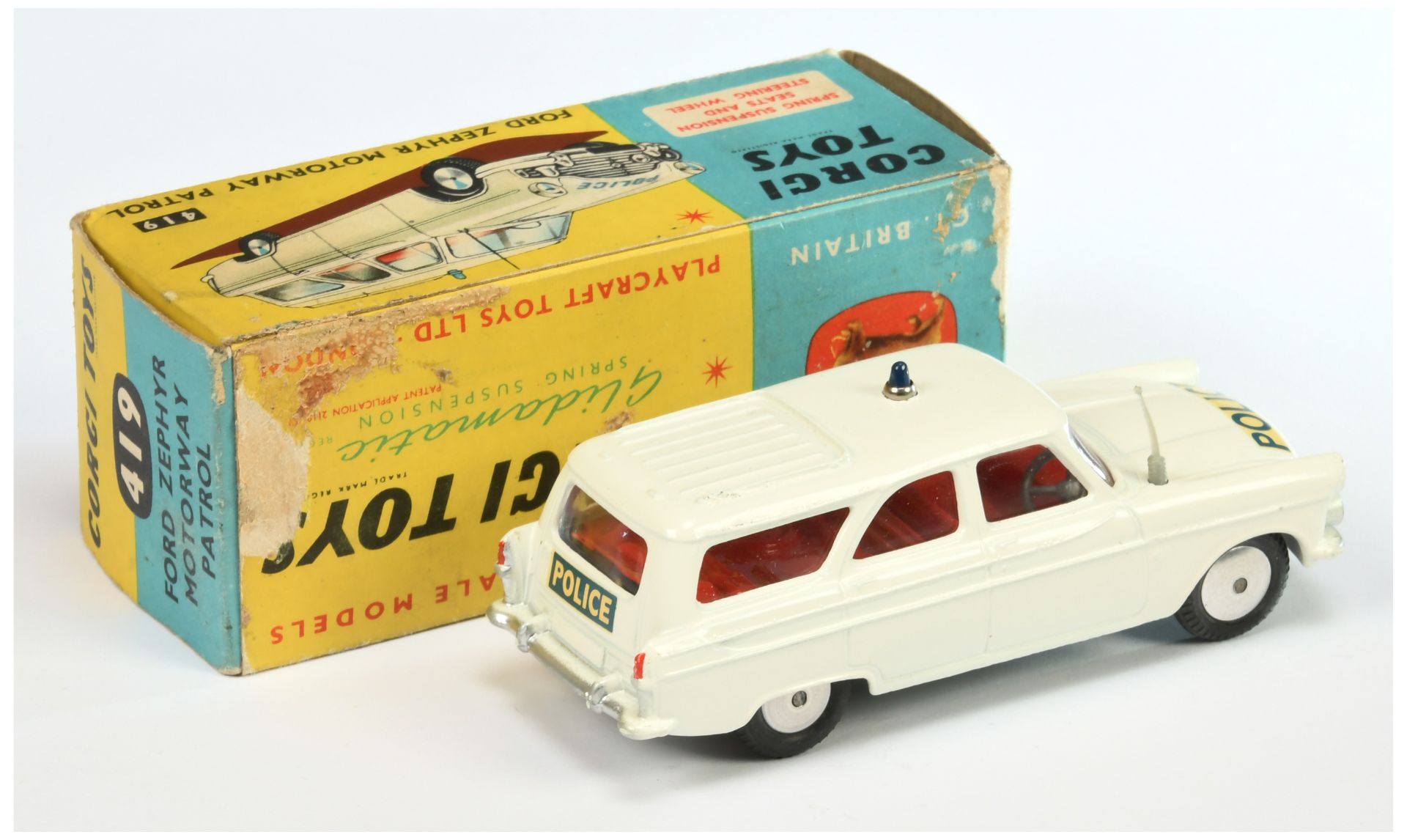 Corgi Toys 419 Ford Zephyr "Police" Estate Car - White Body, red interior, silver trim, small blu... - Image 2 of 2