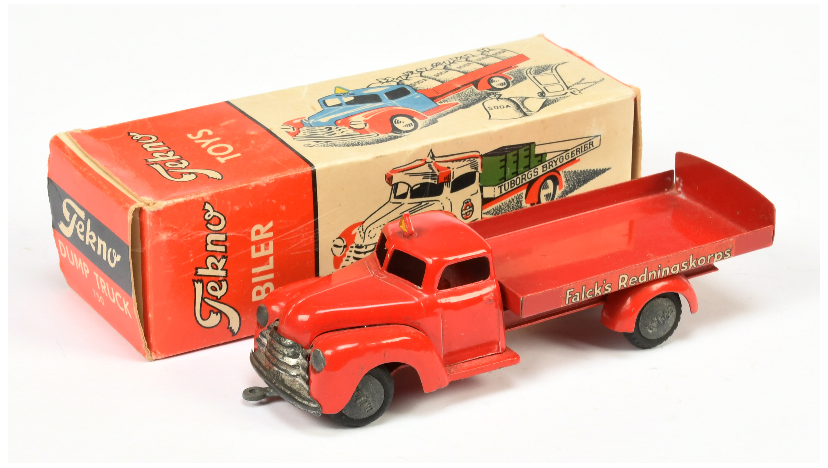 Tekno  750 Dodge Truck  "Flack Redningskorps"" - Red body and back, chrome trim Good Plus bright ...