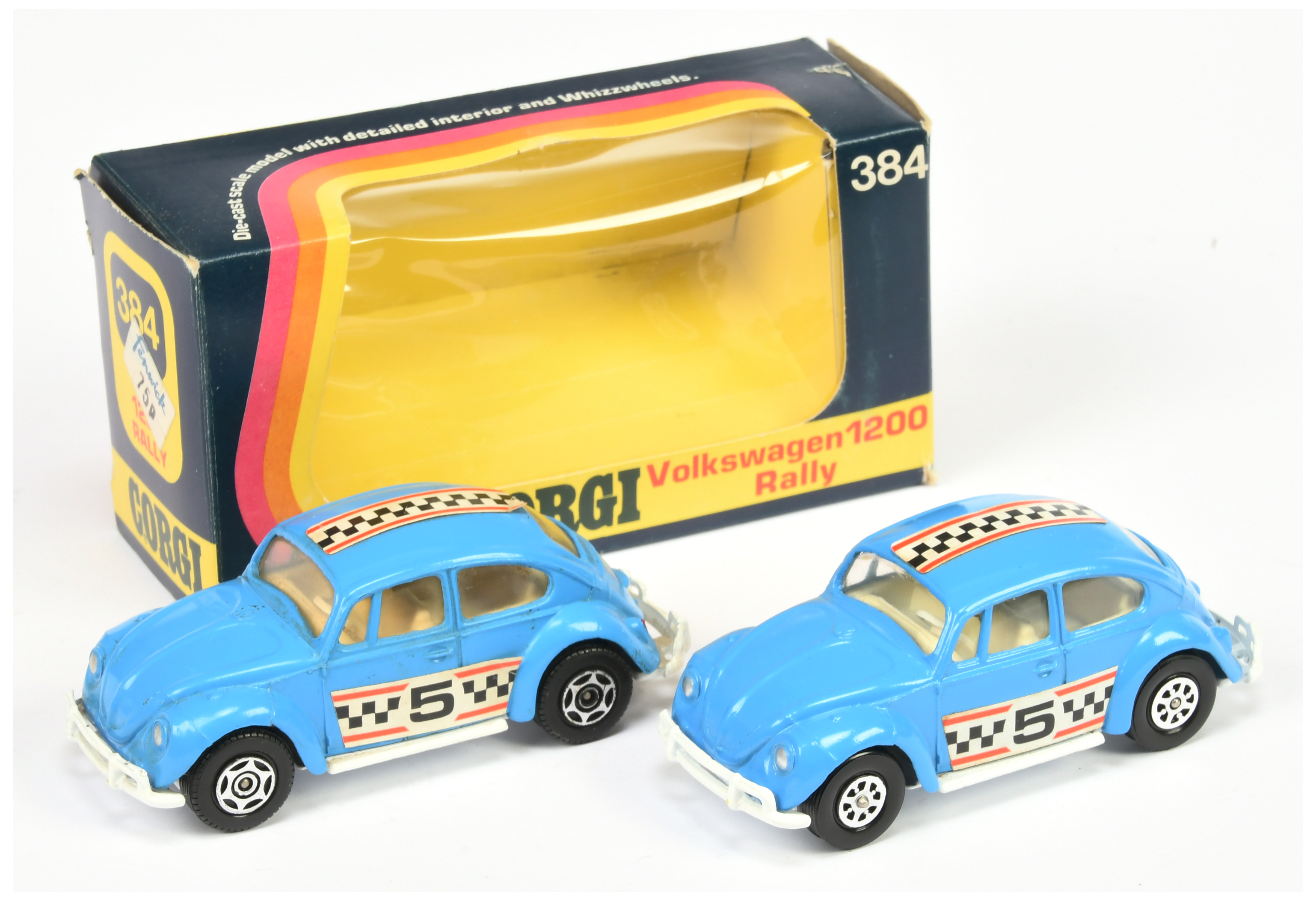 Corgi Toys 384 Volkswagen Salon (Beetle) - A Pair - (1) Mid-blue, white base and interior, whizzw...